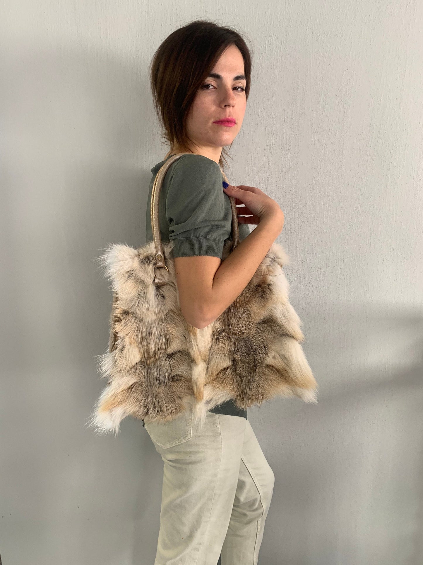 Genuine Fox Fur Handbag: Golden Island White Fur Shoulder Bag