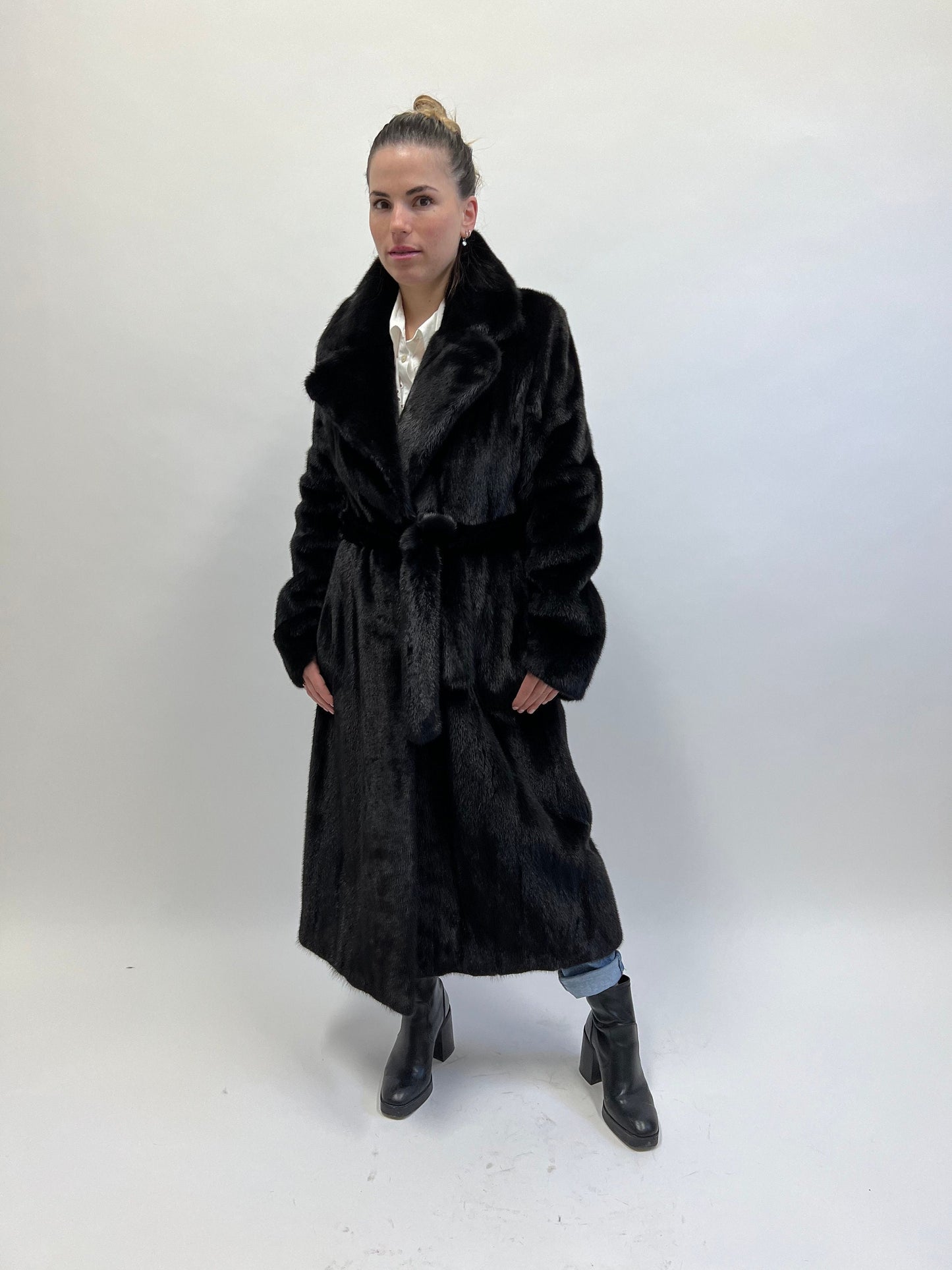 Handmade Black Mink Fur Long Coat: Belted Luxury Outerwear