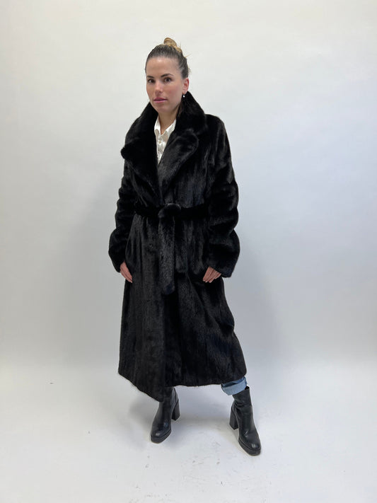 Handmade Black Mink Fur Long Coat: Belted Luxury Outerwear