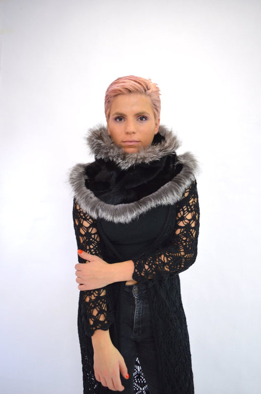 Handmade Black Mink Fur Infinity Scarf: Silver Fox Fur Cowl