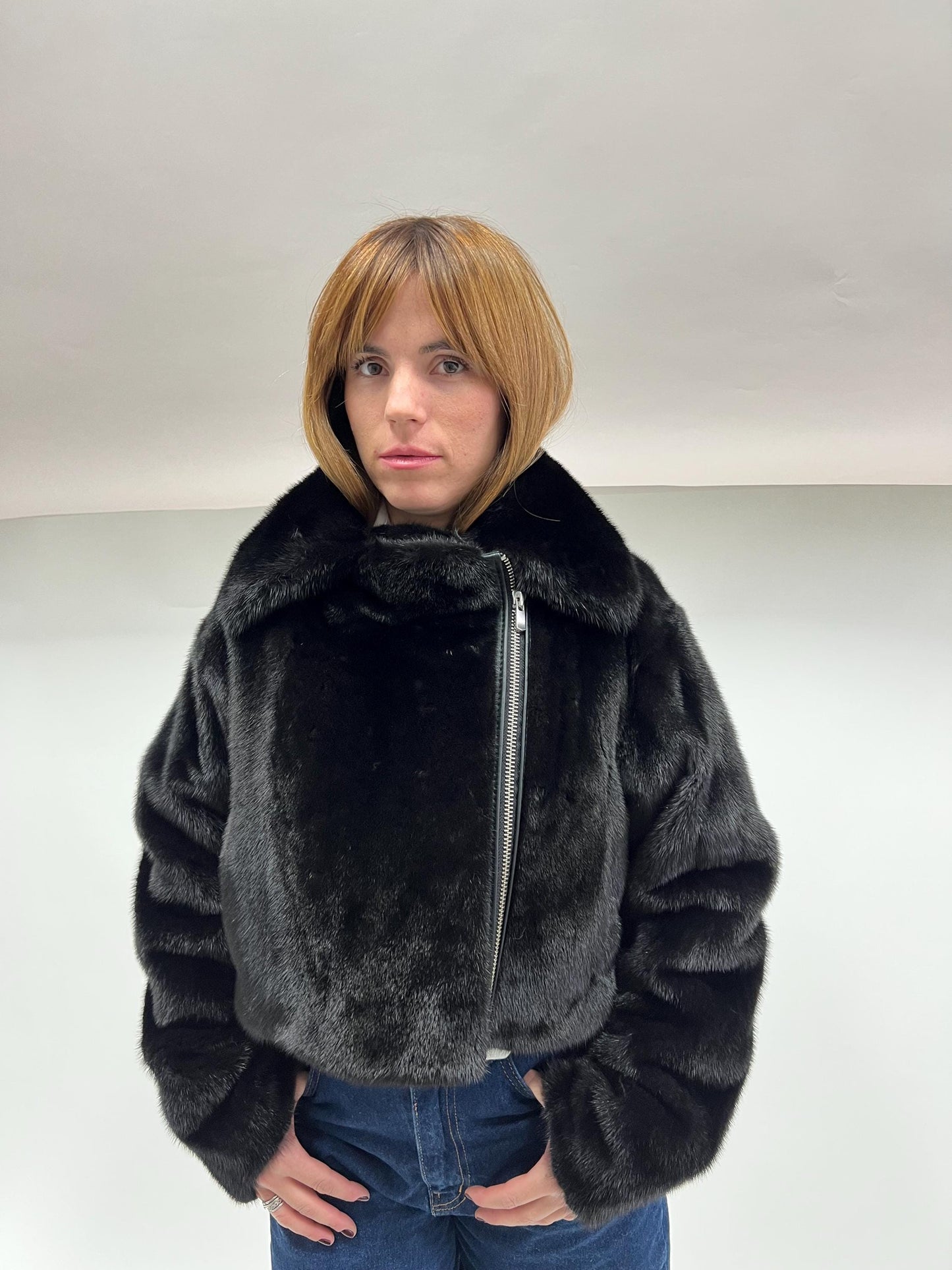Black Mink Fur Biker Jacket: Saga Fur, Silver Hardware