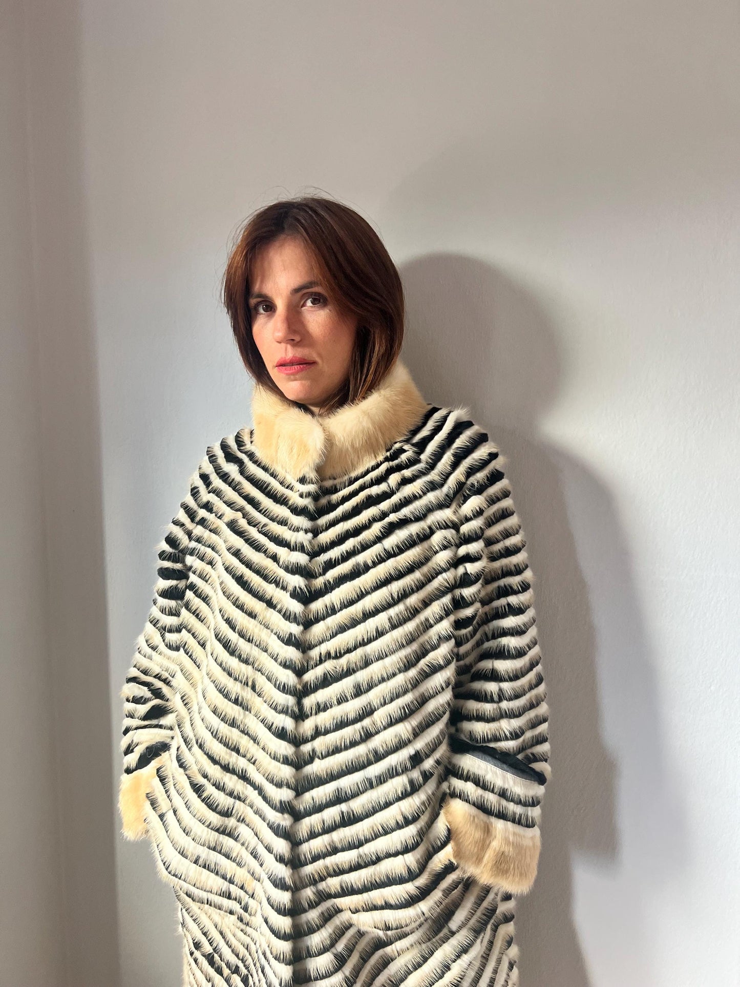 Handwoven Mink Fur Coat: Beige & Black Wool Lined Jacket