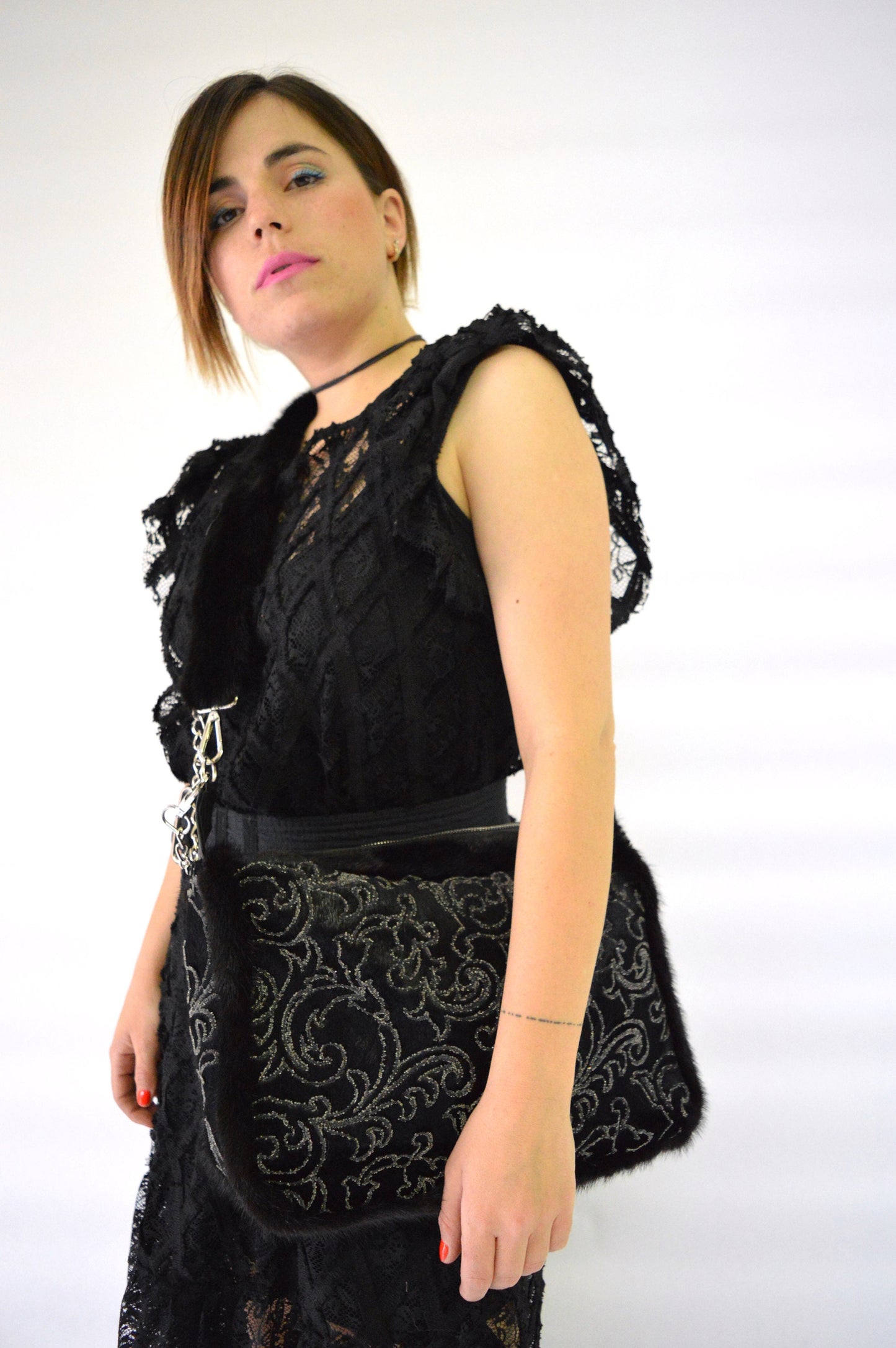 Embroidered Rabbit Fur Shoulder Bag, Mink Trim, Leather Chain Strap
