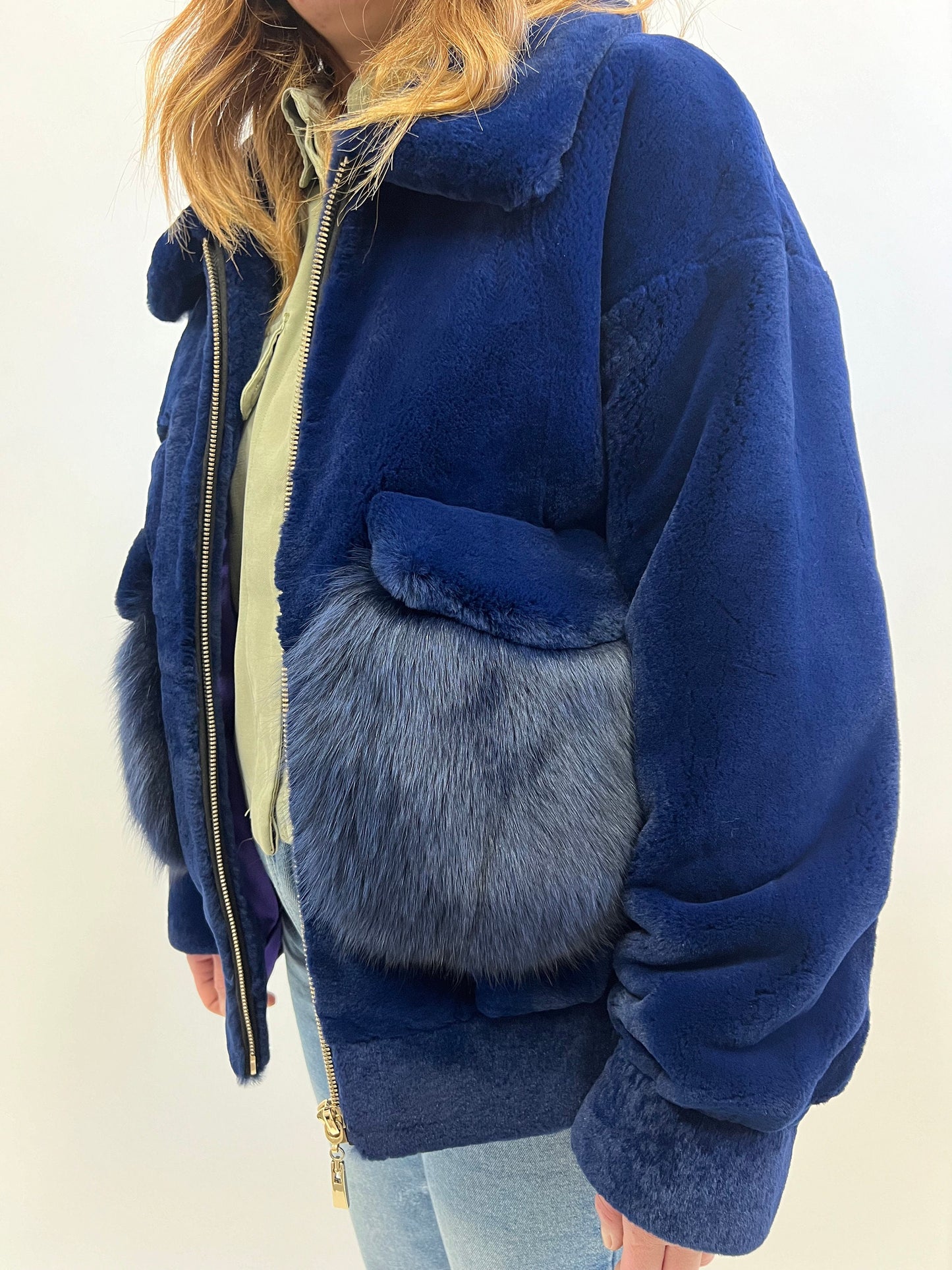 Sheared Rabbit Fur Bomber Jacket with Fox Details