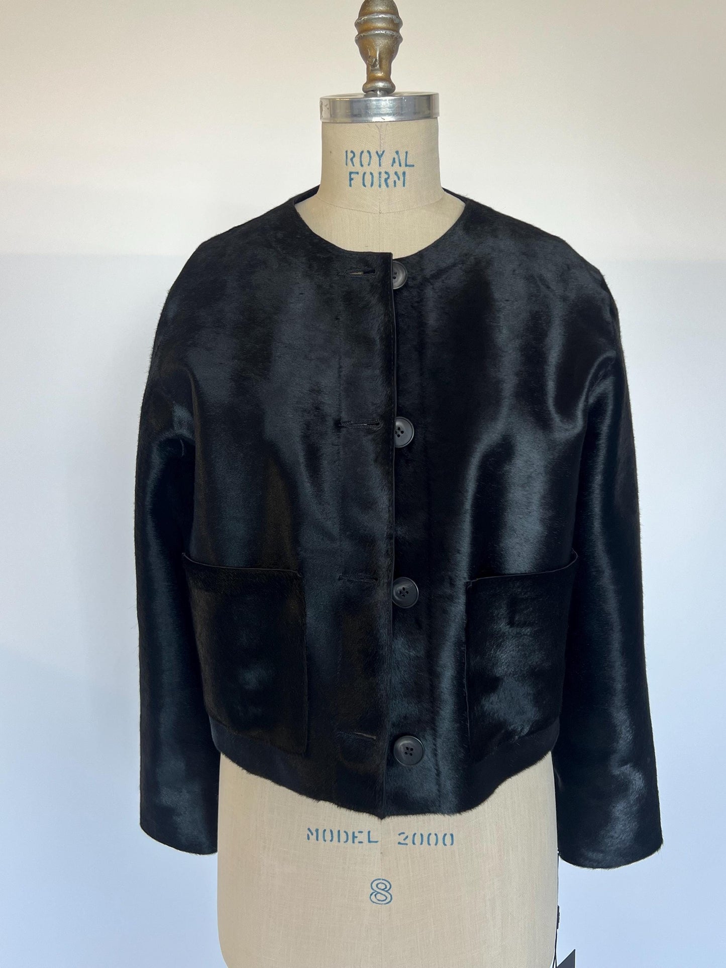Genuine Hair-On Leather collarless Jacket: Black Calf Fur Coat, Handmade in Greece