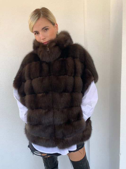 Real Barguzinsky Sable Fur Jacket: Brown Leather Trim Hooded Coat