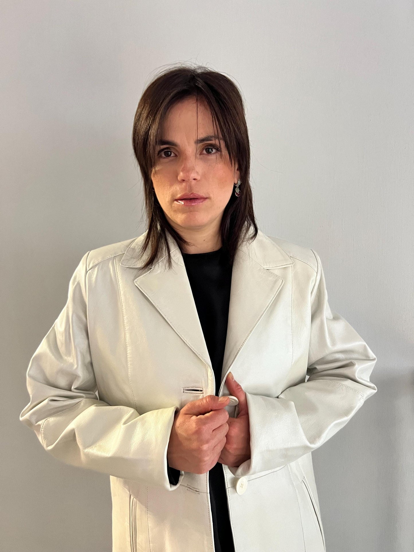 Handmade Nappa Lambskin Leather Coat: White Pearl Button-Down