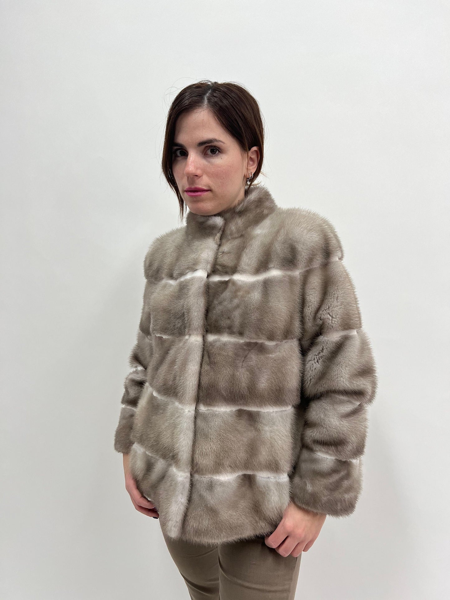 Silver Mink Fur Stroller Jacket with Sheared Mink Trim
