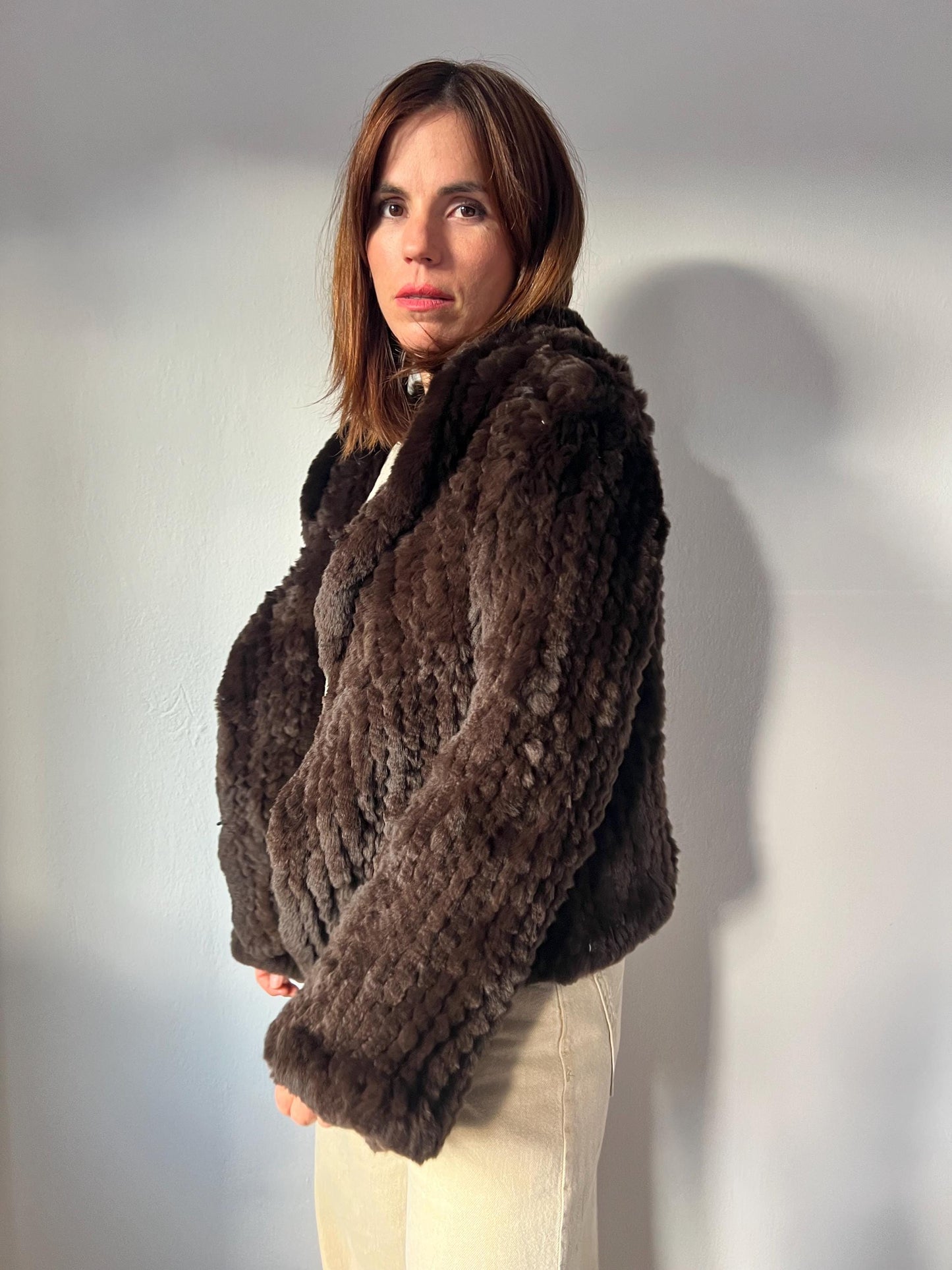 Handwoven Brown Rabbit Fur Hooded Jacket - Frog Closure