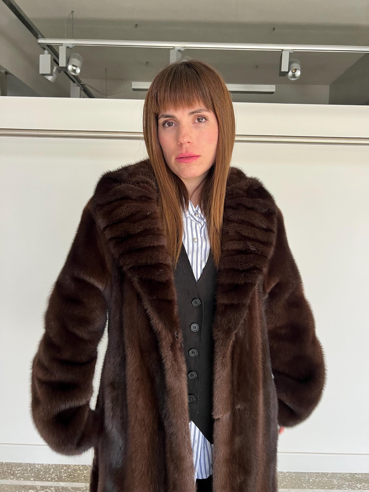 Choco Brown Mink Fur Coat: Big Collar Belted Stroller, Handmade in Greece