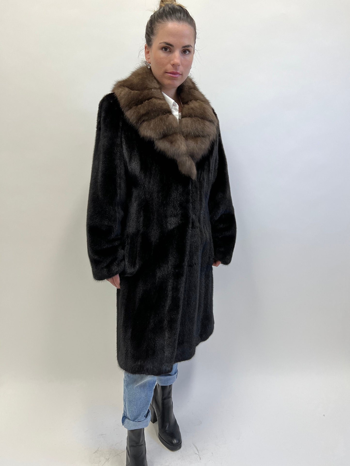 Handmade Black Mink Fur Long Coat with Sable Collar