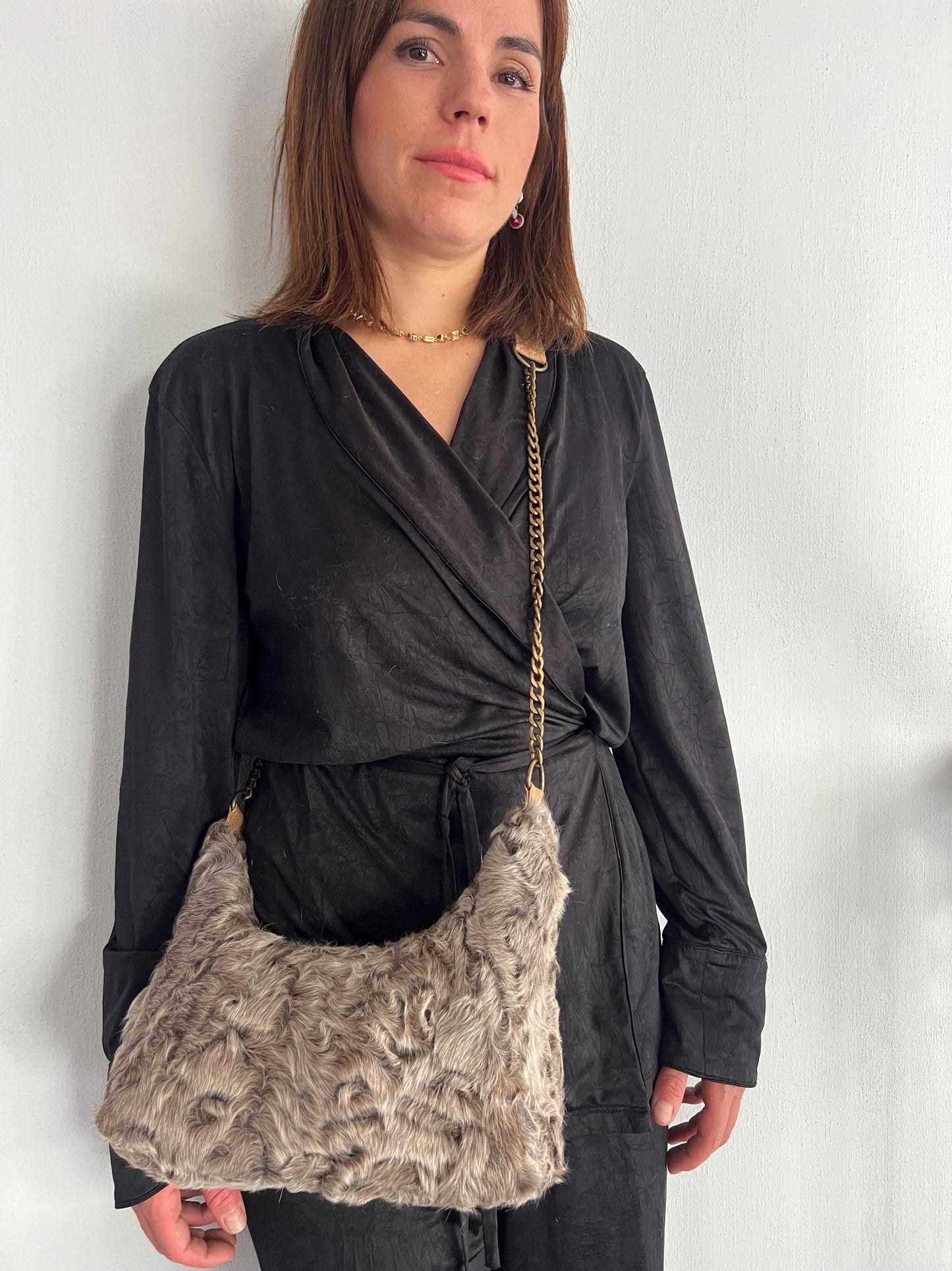 Swakara Grey Fur Tote Bag: Leather & Chain Detail, Luxury Handbag