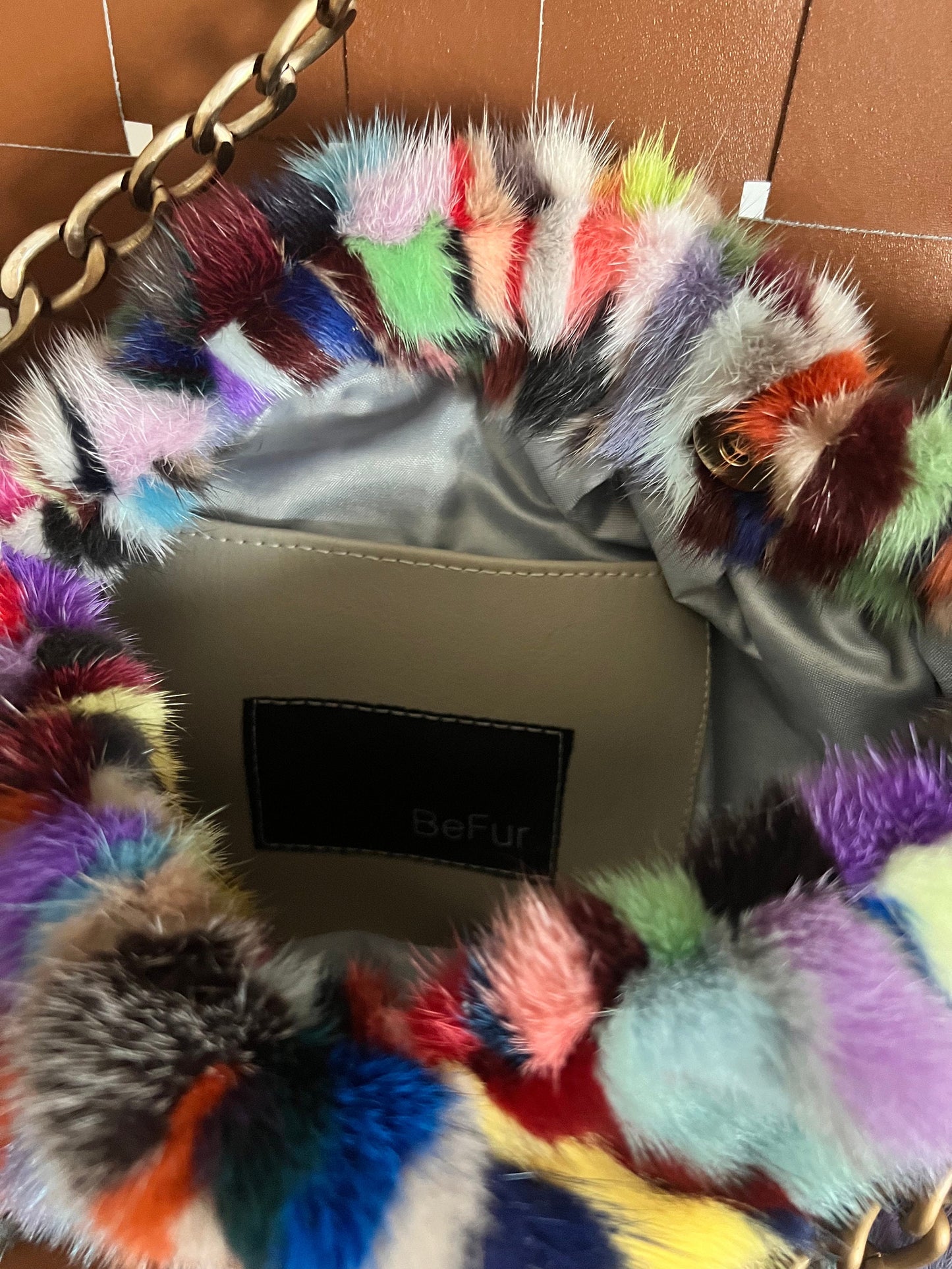 Handmade Multicolored Mink Fur Shoulder Bag with Bronze Straps