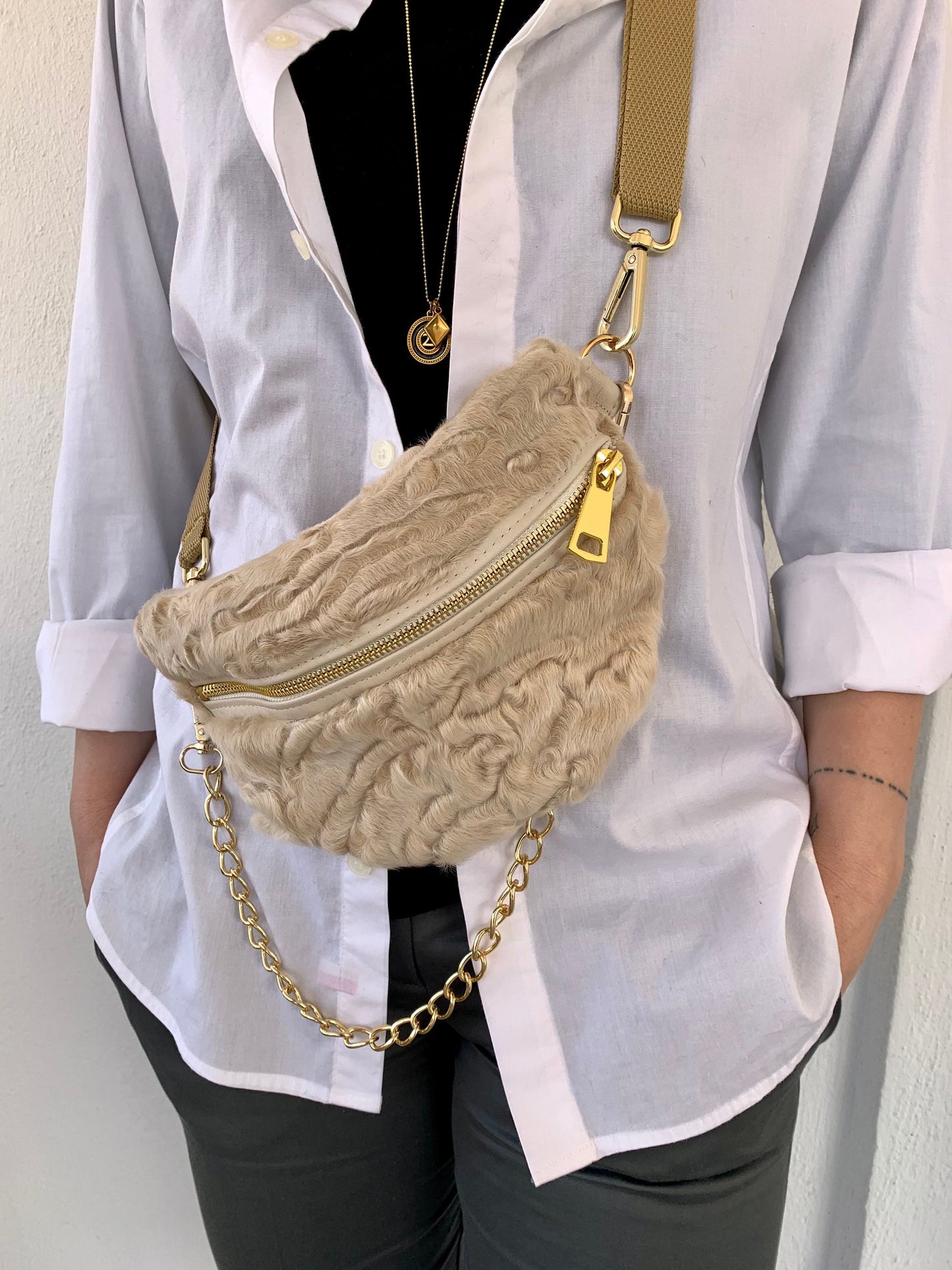 Beige Swakara Fur Bumbag with Chain: Luxury Waist Bag