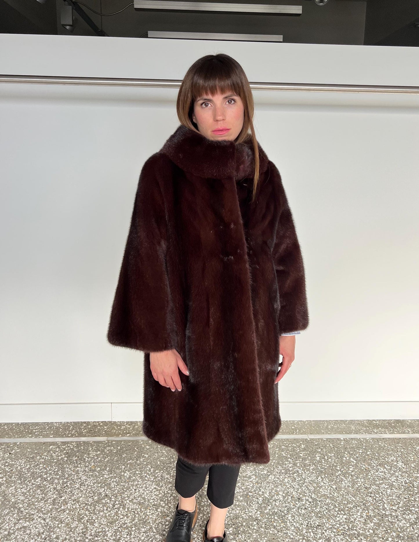 Burgundy Mink Fur Coat: Saga Quality, Stand Up Collar (Medium)