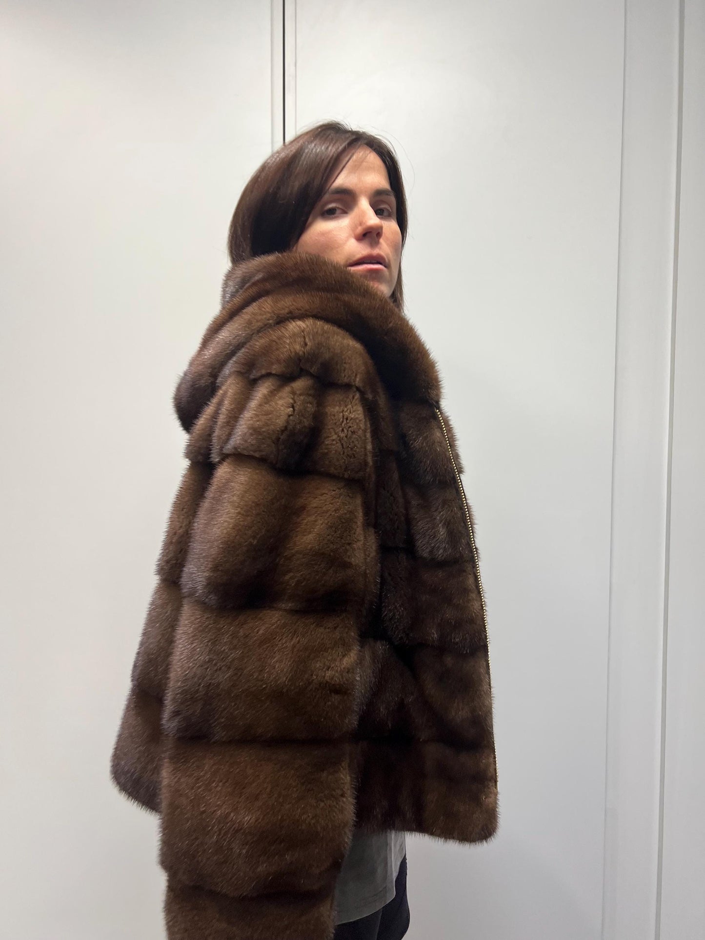 Brown hooded Mink Fur Jacket: Handmade Saga Mink Coat