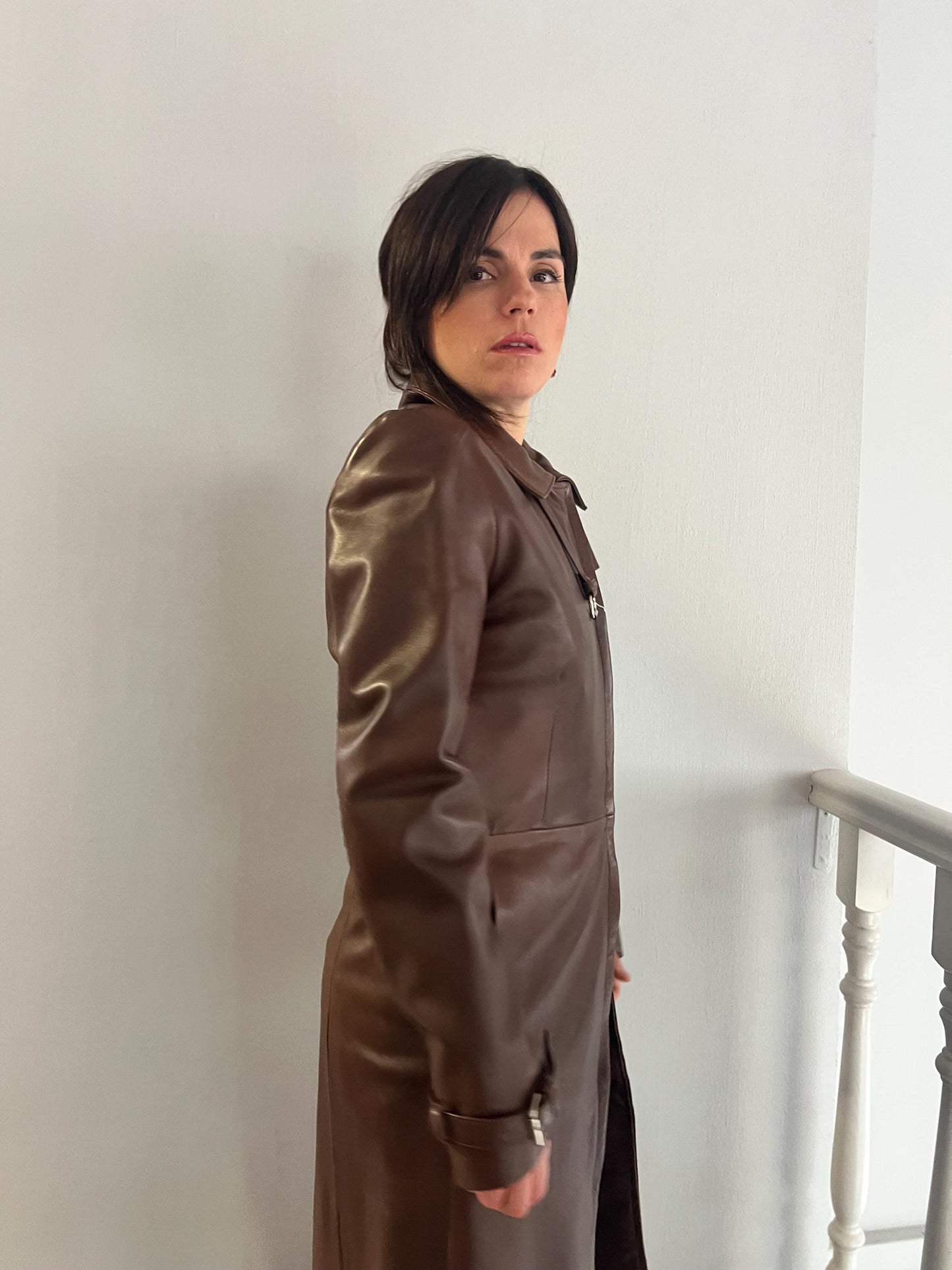 Handmade Nappa Lamb Leather Coat: Buttery Brown Tobacco Duster