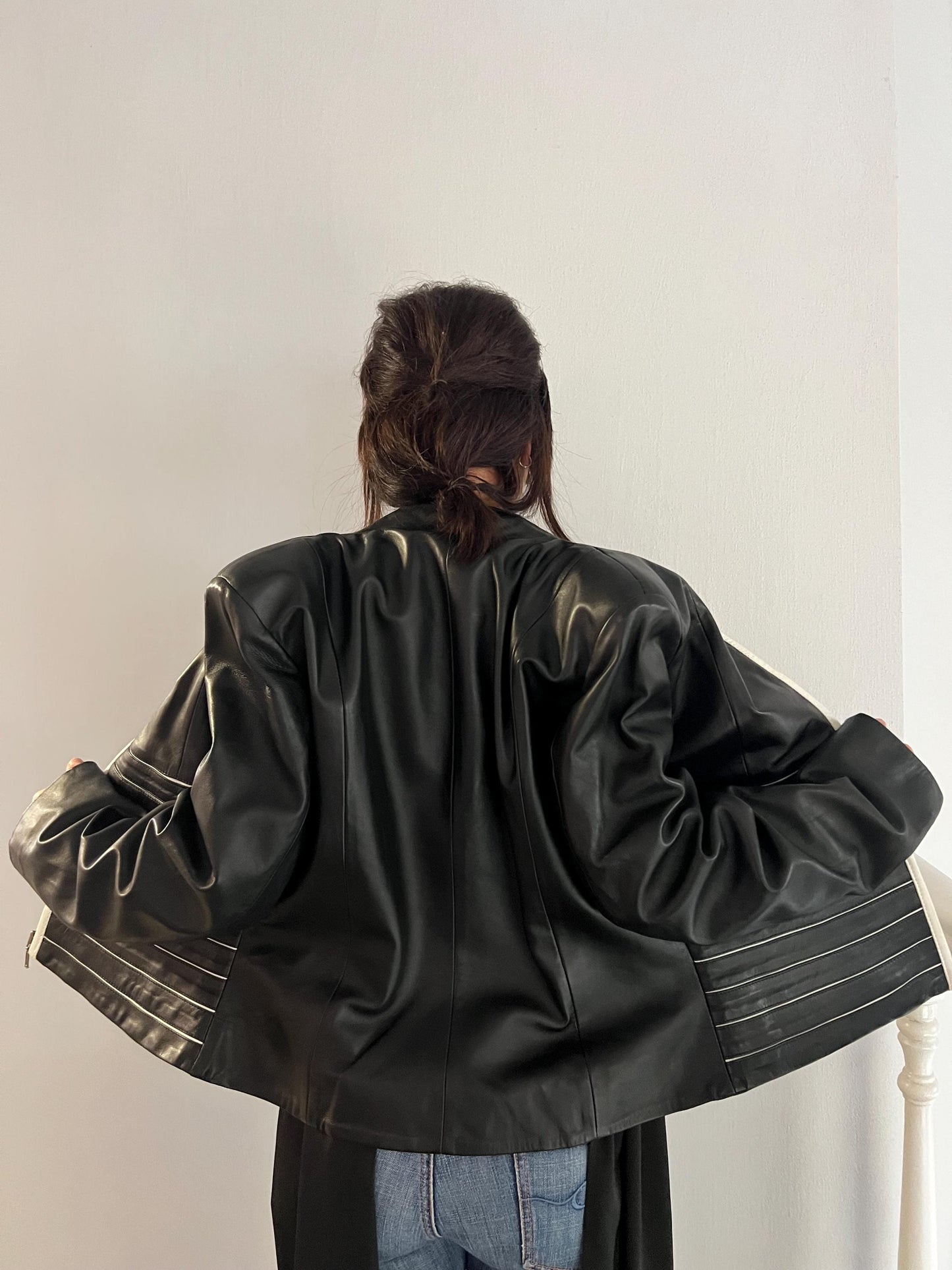 Handmade Black and White Lambskin buttery zipped up Leather Jacket - Medium
