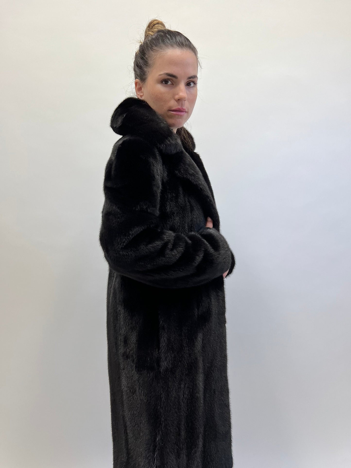 Black Velvet Mink Fur Coat: Luxury Stand Up Collar, XS/S