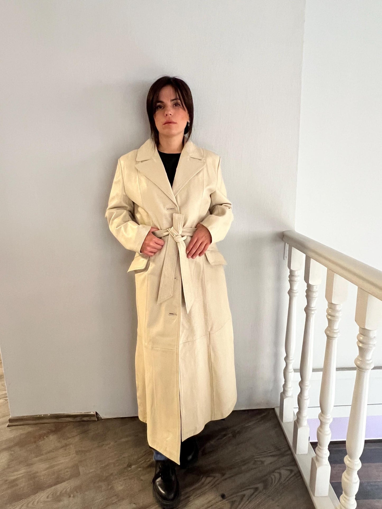 Handmade Nappa battery Lamb Leather Coat: Genuine Camel Leather, Tie Wrap