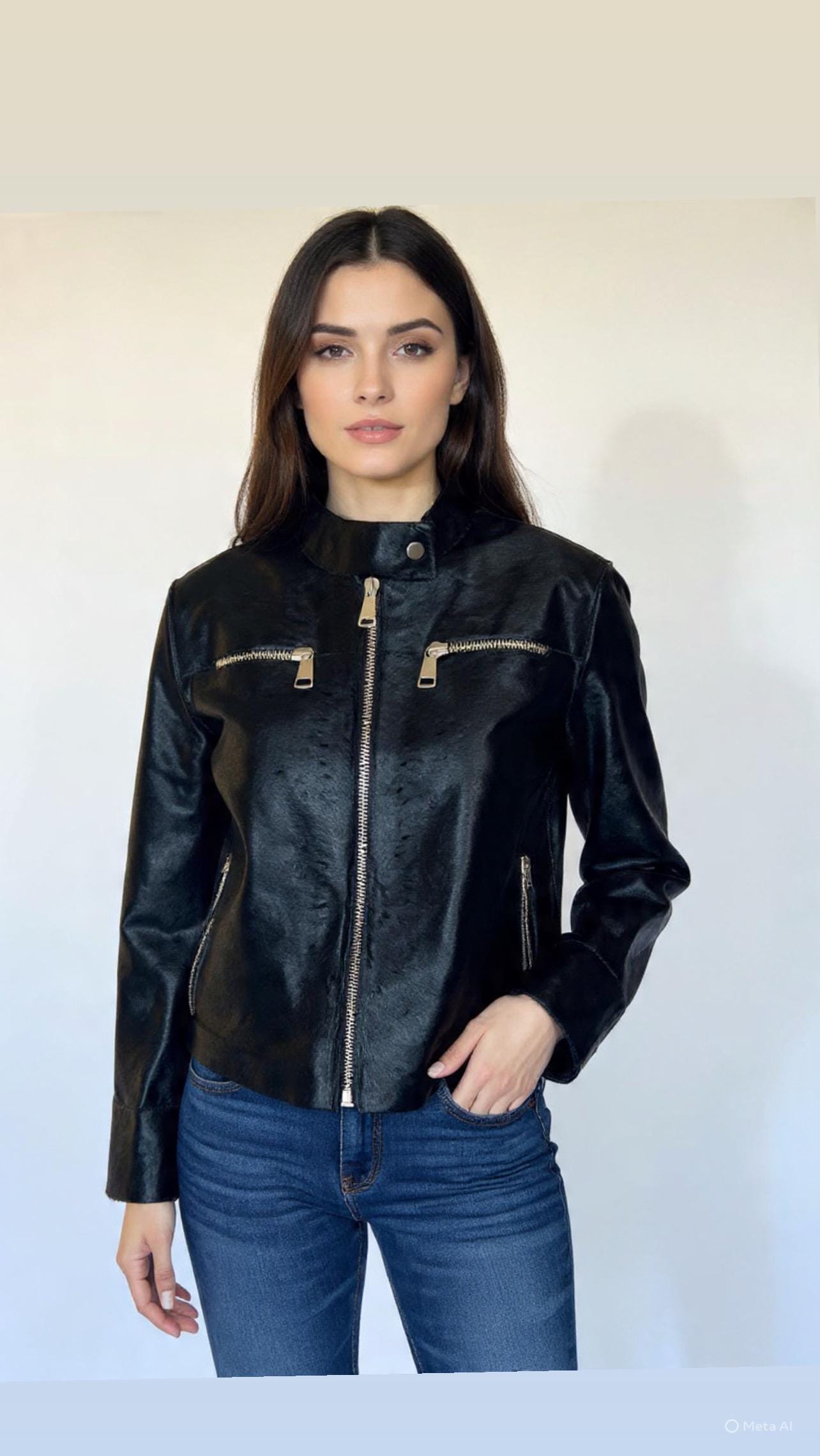 Genuine Hair-On Leather collarless Jacket: Black Calf Fur Coat, Handmade in Greece