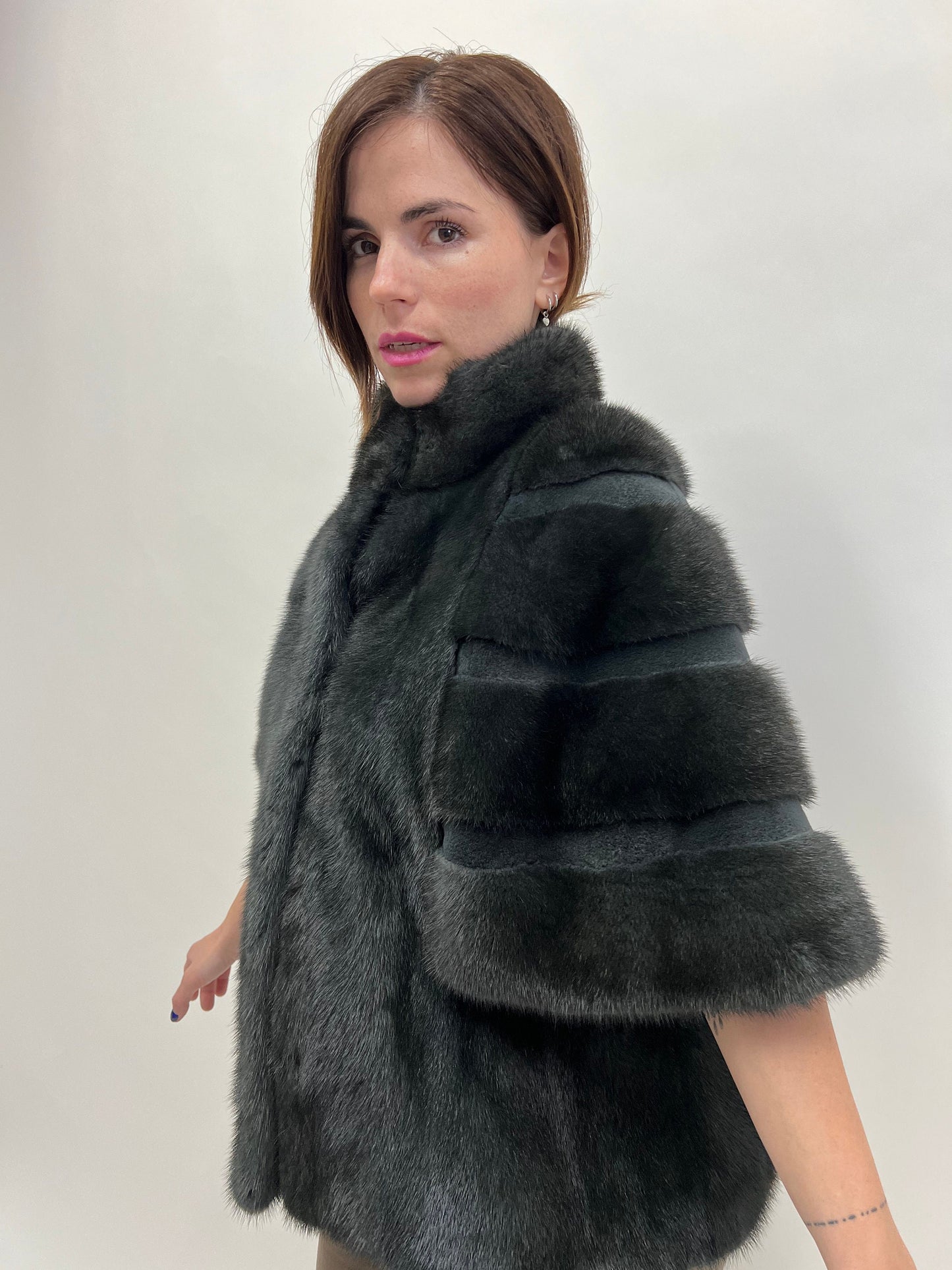 Midnight Blue Mink Fur Cape Jacket - Sheared Mink Details - Saga Furs