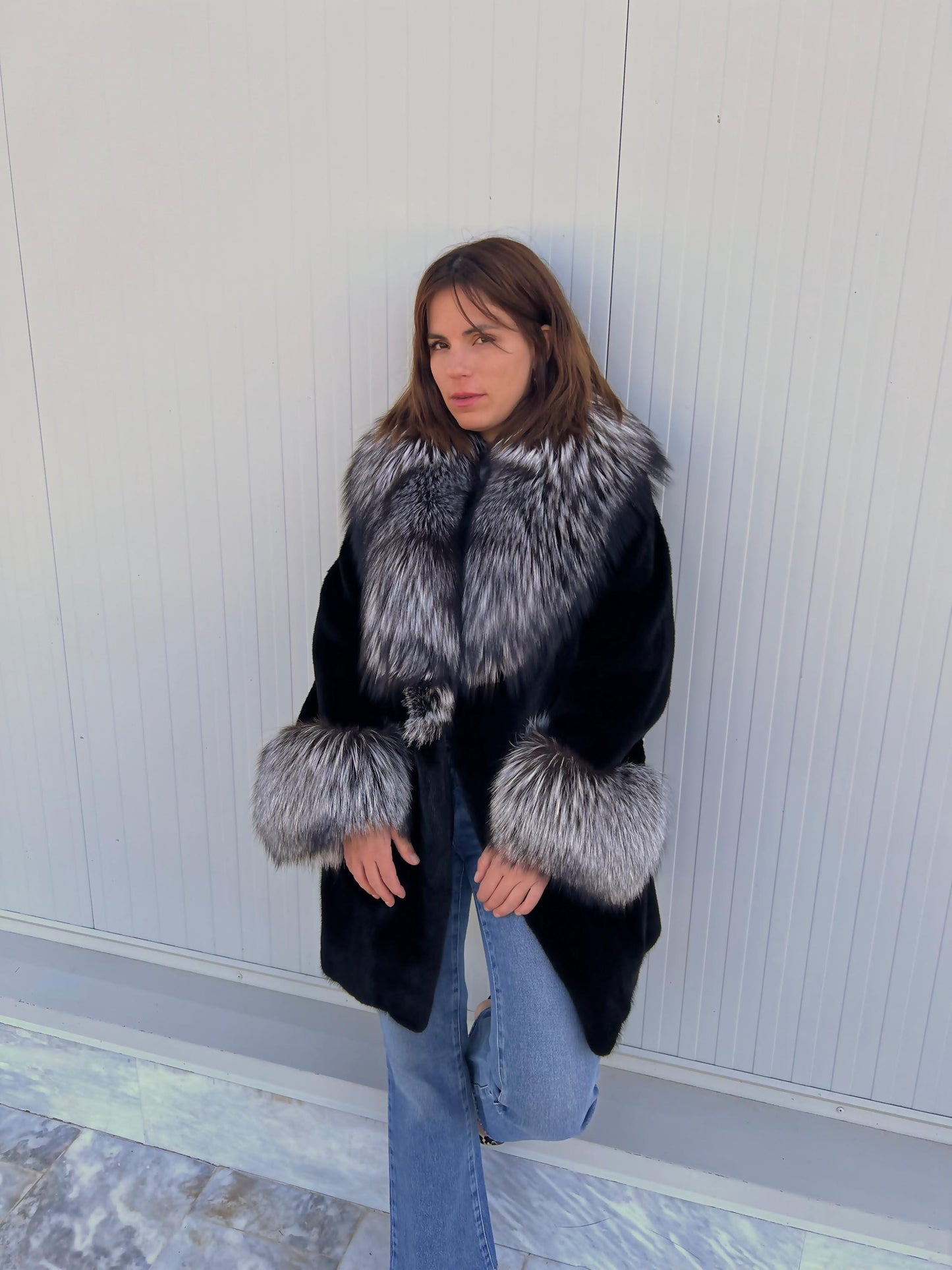 Blackglama Mink Fur Stroller Coat: Silver Fox Collar & Cuffs, Handmade Luxury Jacket (Large)
