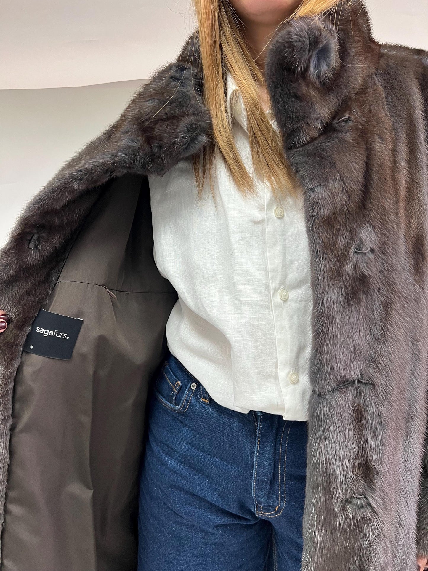 Saga Mink Fur Coat: Brown High Collar Luxury Fur