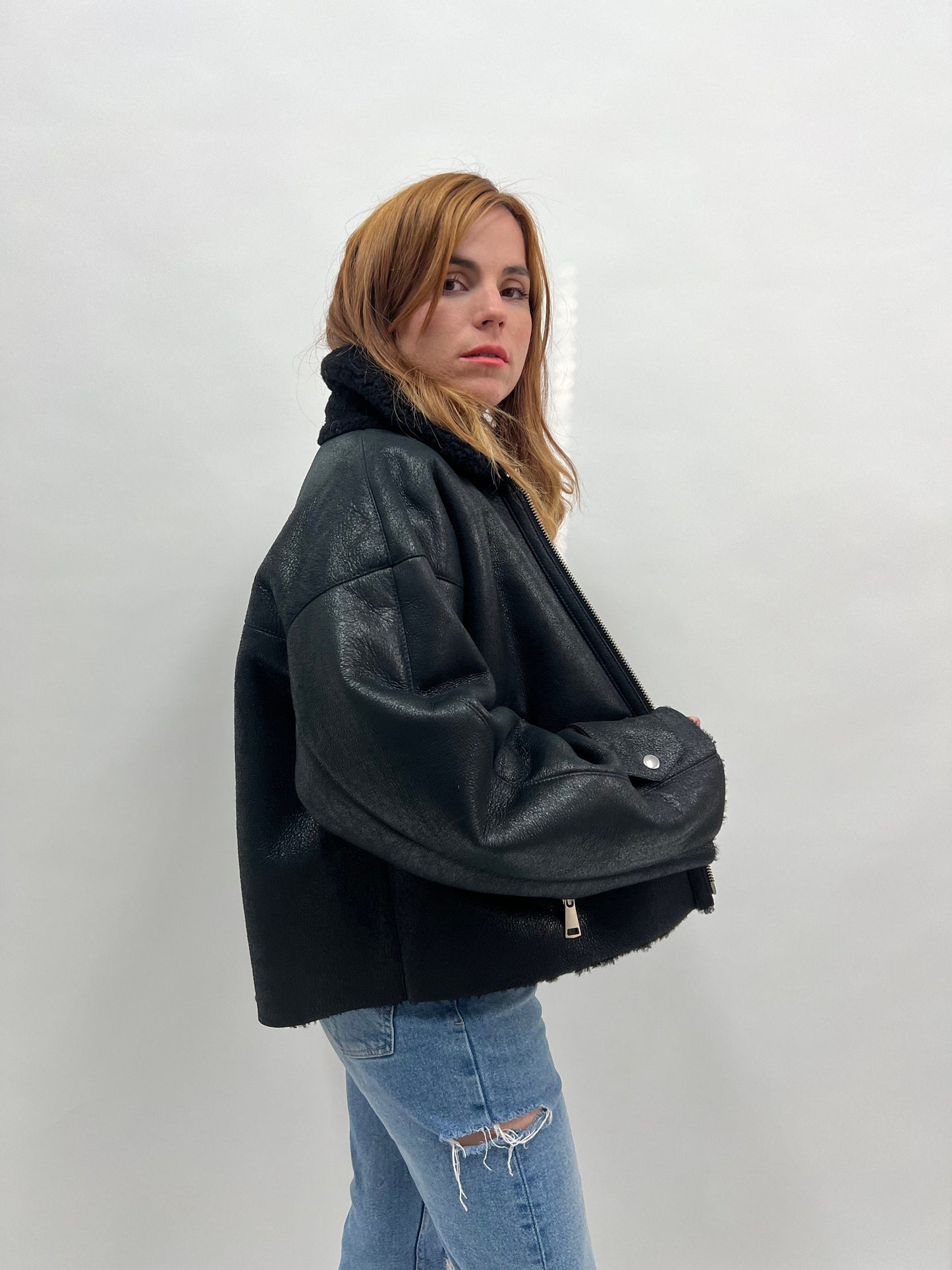 Handmade Black Shearling Fur Jacket: Cracked Leather Sheepskin Coat