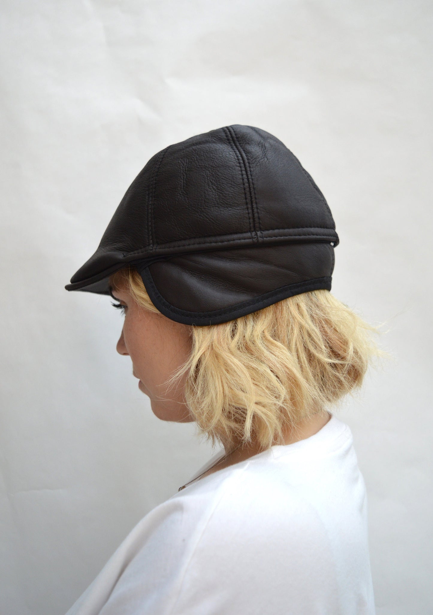 Shearling Equestrian Cap: Sheepskin Cloche Hat with Ear Flaps