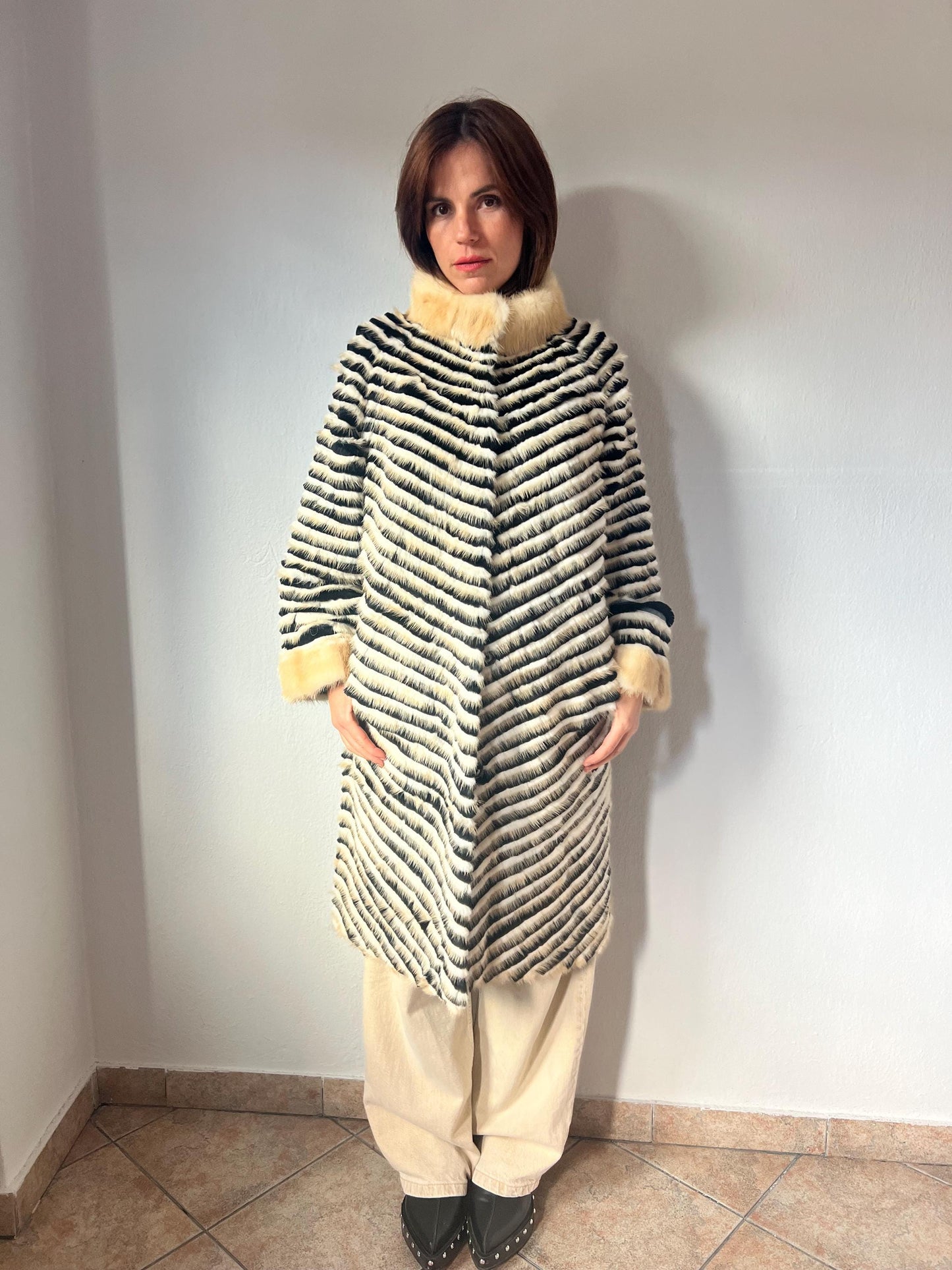 Handwoven Mink Fur Coat: Beige & Black Wool Lined Jacket