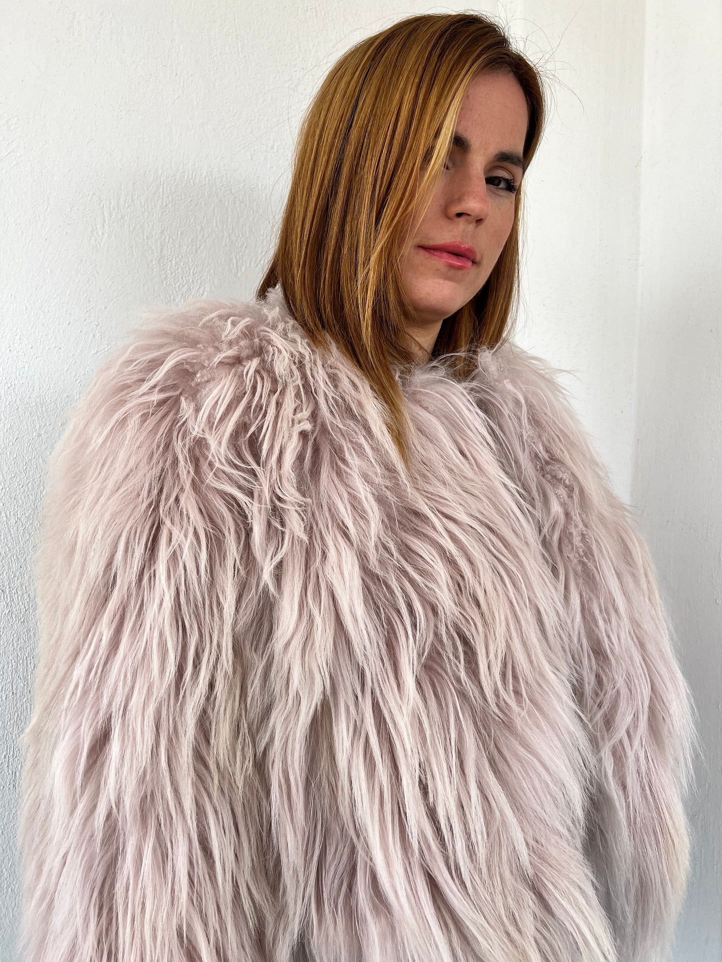 Handmade Mongolian Fur Jacket: Collarless Winter Coat, Dusty Rose
