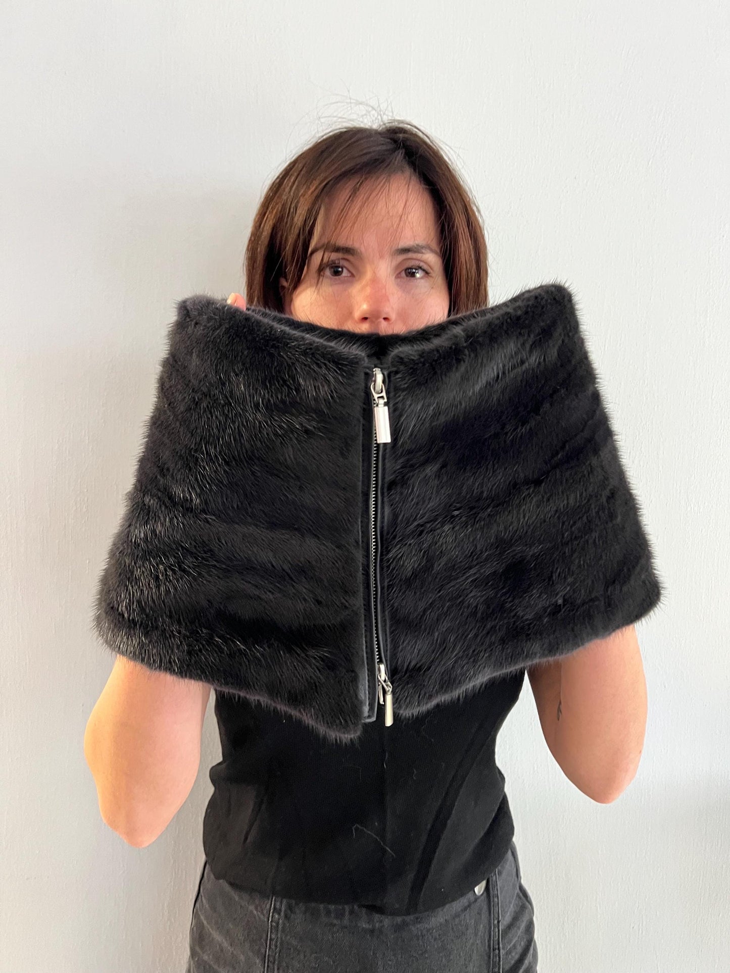 BLACK Mink Fur Cowl: Zipped dark grey Leather Detail Infinity Scarf