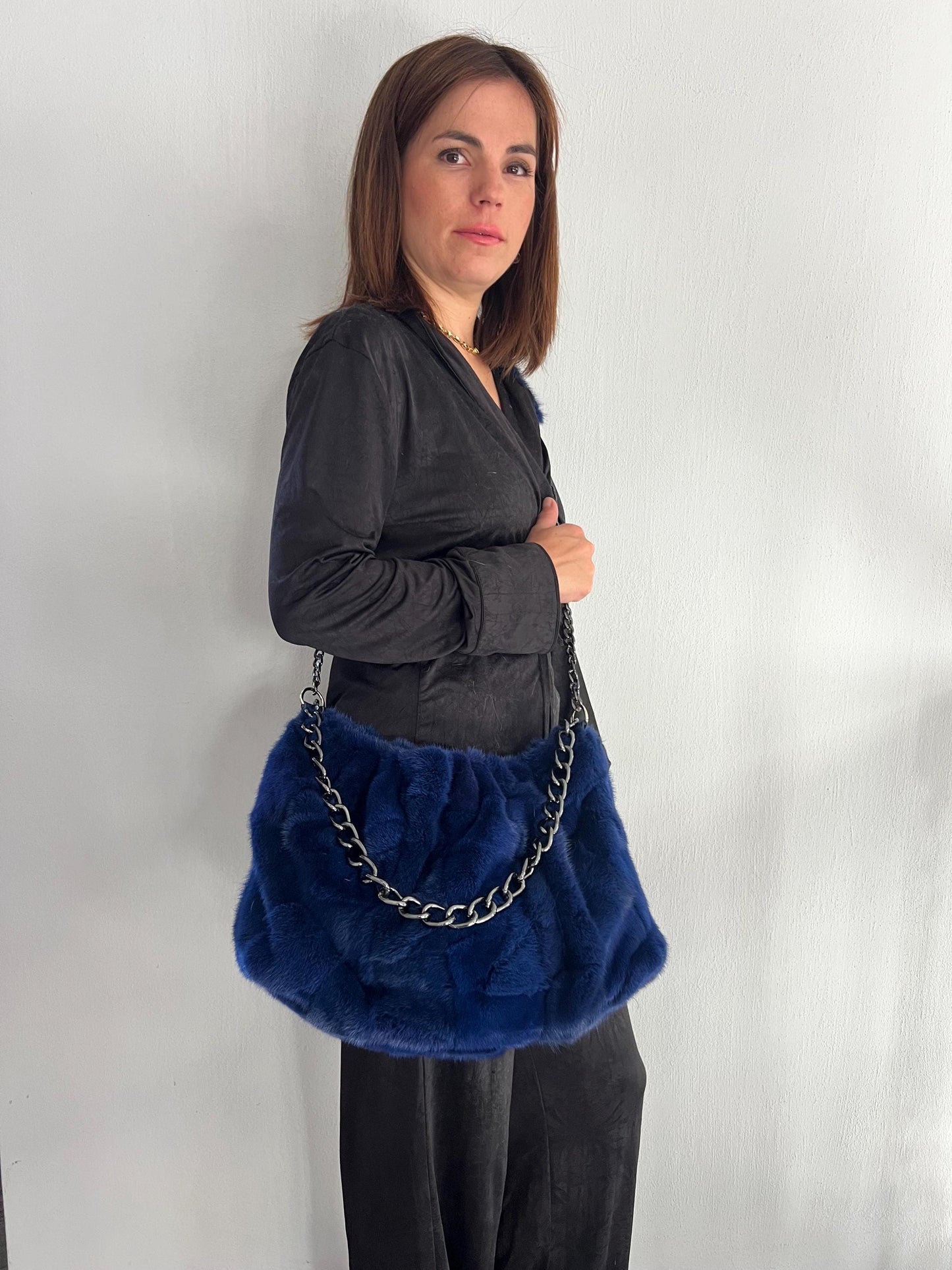 Navy Mink Fur Slouch Bag: Handmade grey Strap Crossbody