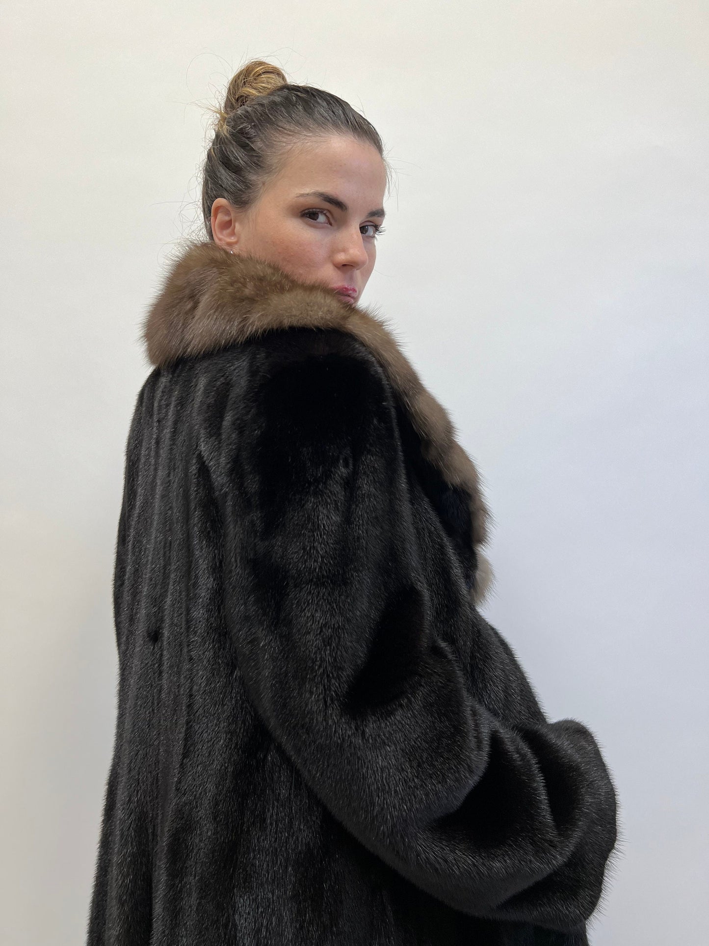 Handmade Black Mink Fur Long Coat with Sable Collar