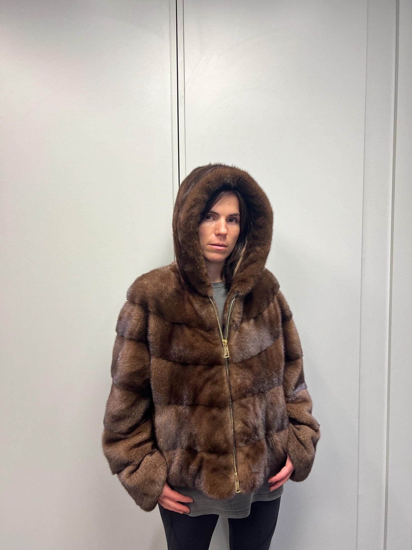 Brown hooded Mink Fur Jacket: Handmade Saga Mink Coat