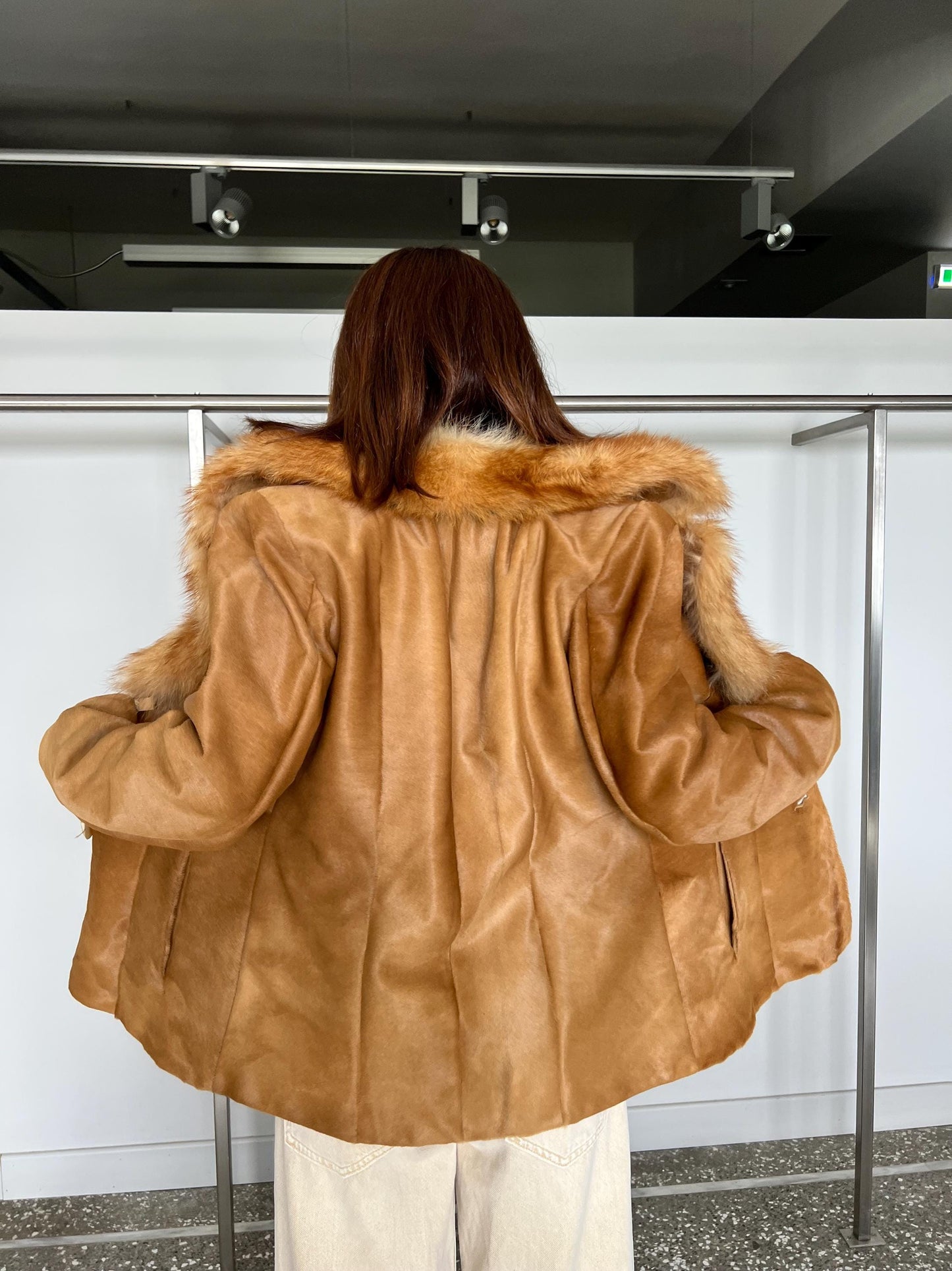 Handmade Gold Cavallino Leather Jacket with Fox Fur Collar. Calf leather. Pony hair like.