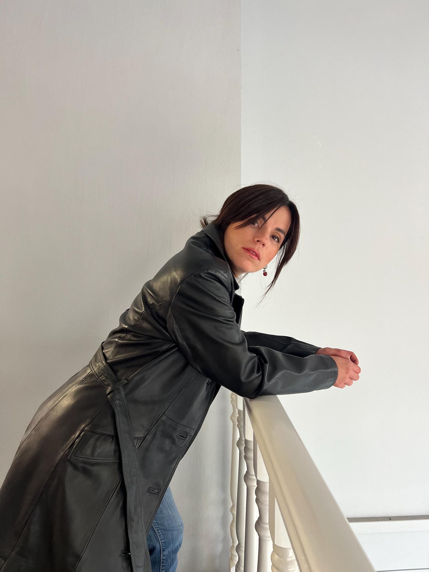 Handcrafted Nappa Leather Overcoat: Full Length Black Belted Coat, Small
