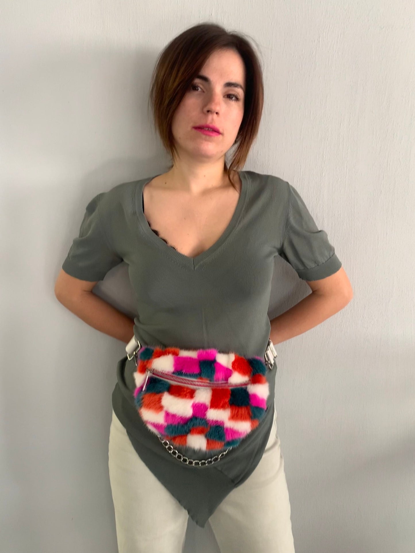 Multicolor Mink Fur Bumbag with Chain: Luxury Fanny Pack