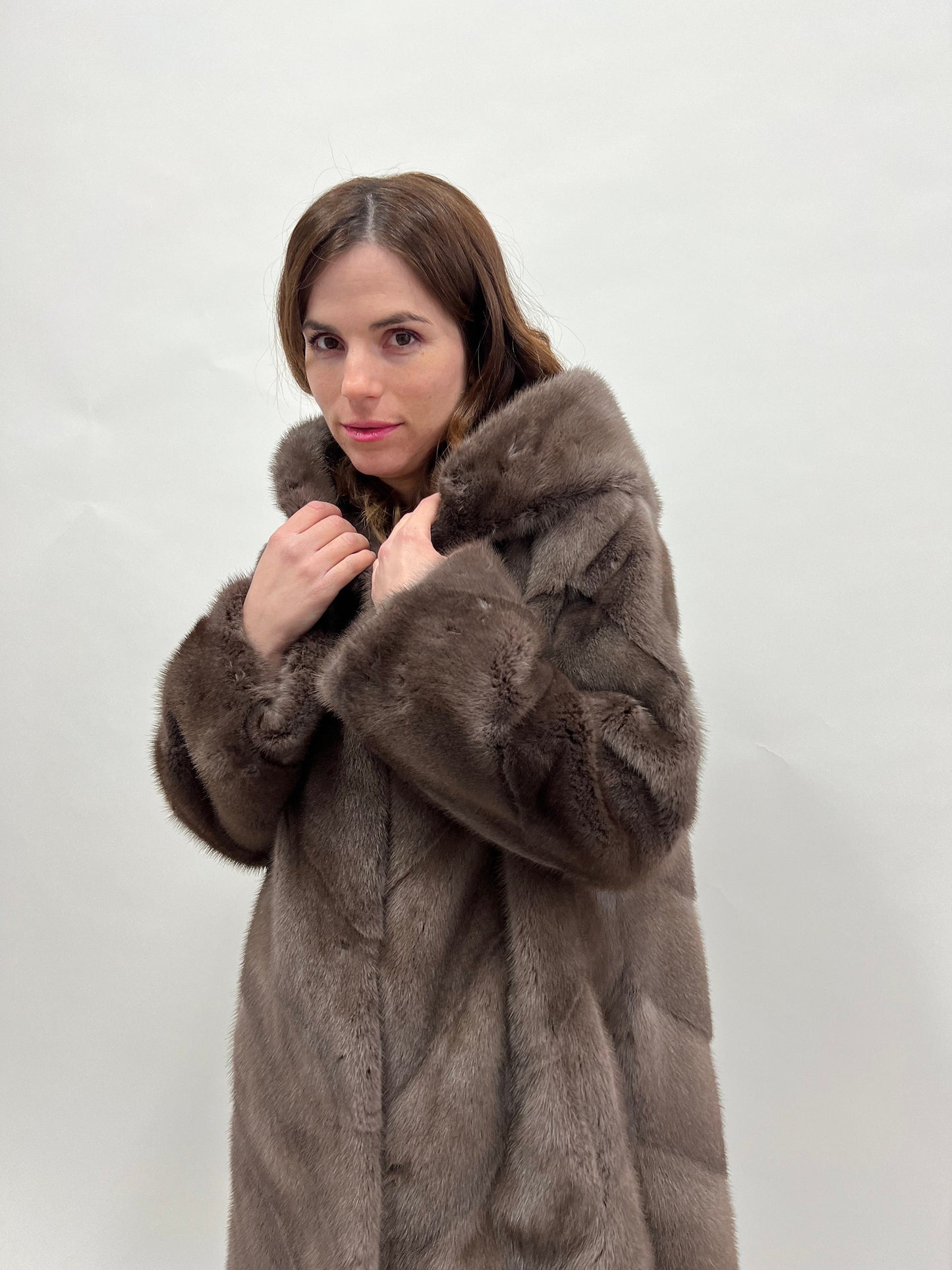 Cloud Mink Fur Hooded Coat: Warm Grey Diagonal Jacket