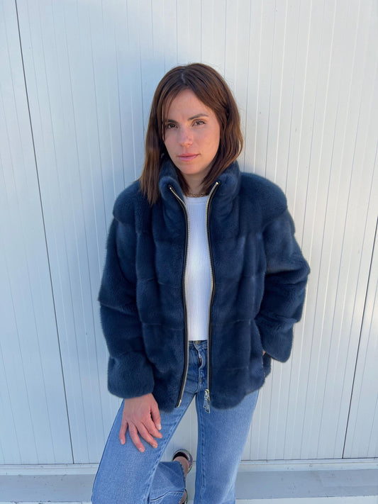 Handmade denim Blue Mink Fur Jacket: Velvet Blazer with Stand Up Collar