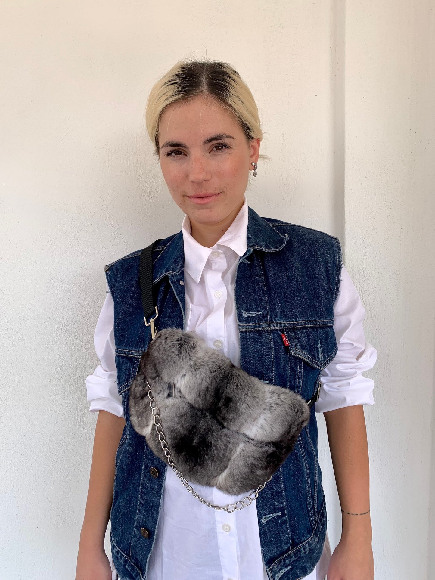 Real Rabbit Fur Bumbag: White Fanny Pack with Chain