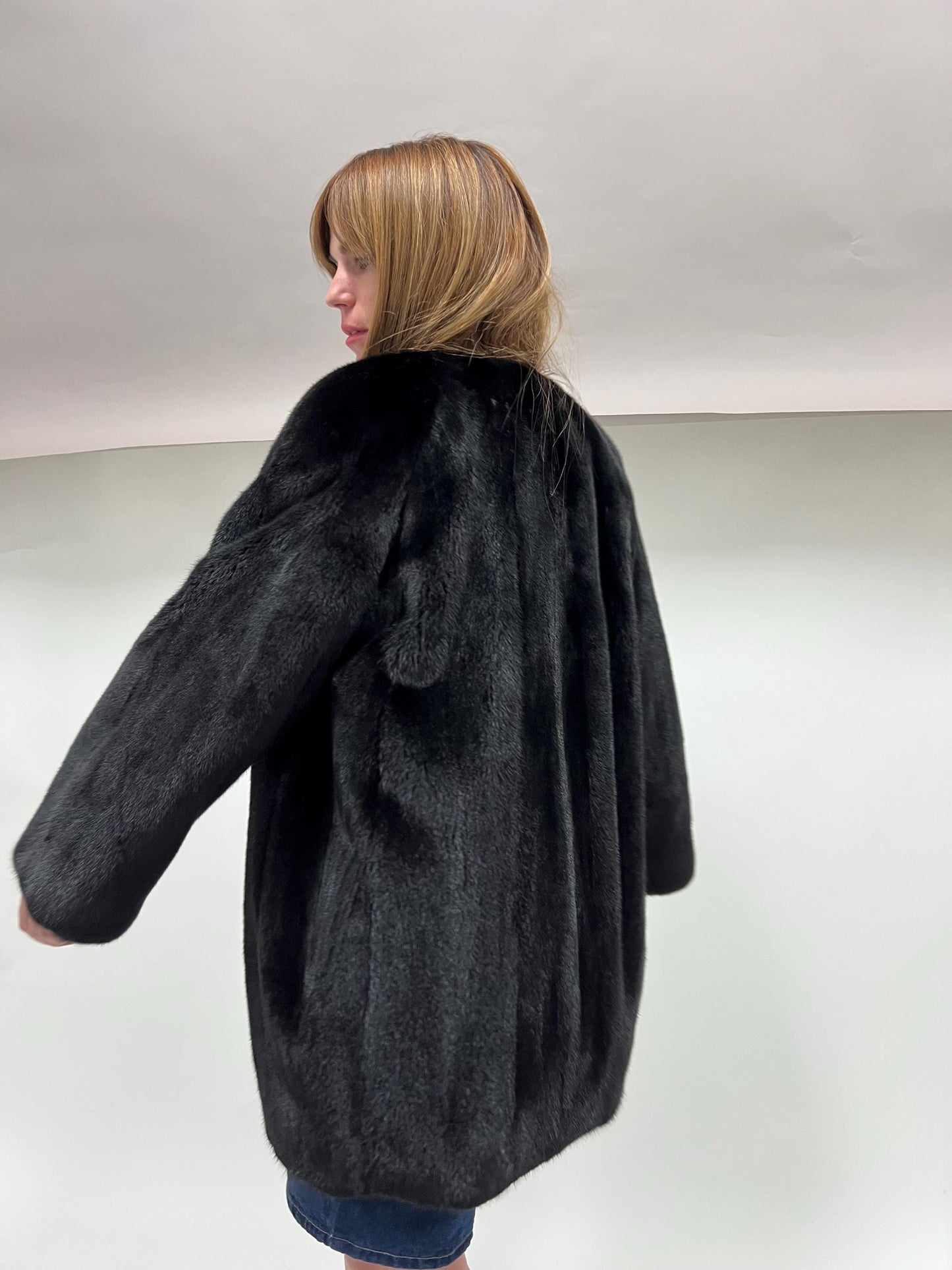 Black Velvet Mink Fur Robe Coat - Saga Pelts, Collarless