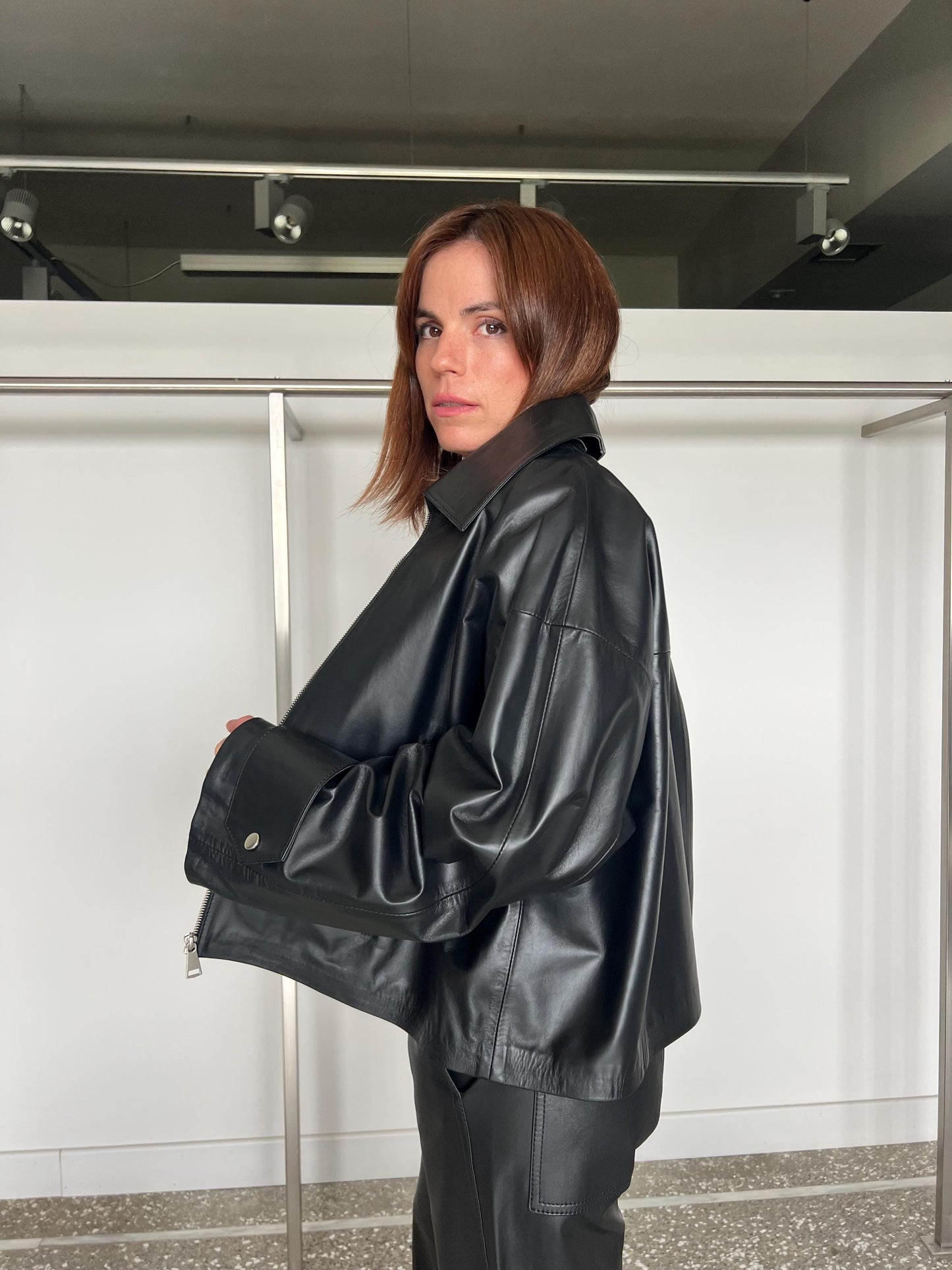 Handmade Black Nappa Leather Jacket: Boxy Zip Up Blazer