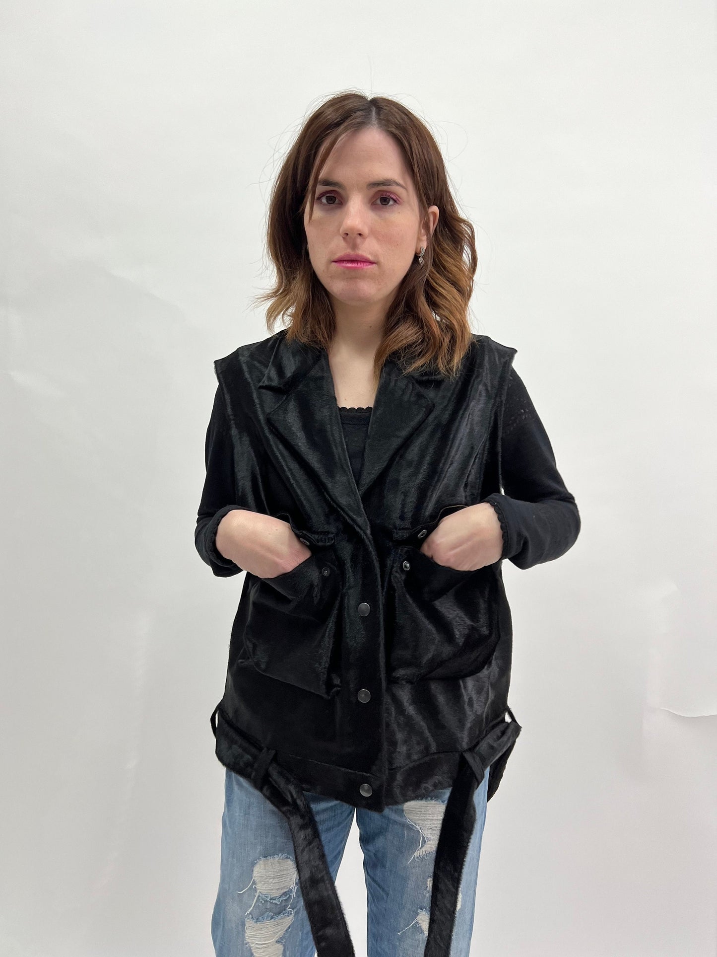 Genuine Hair-On Calf Hide Vest: Utility Leather Vest with Belt