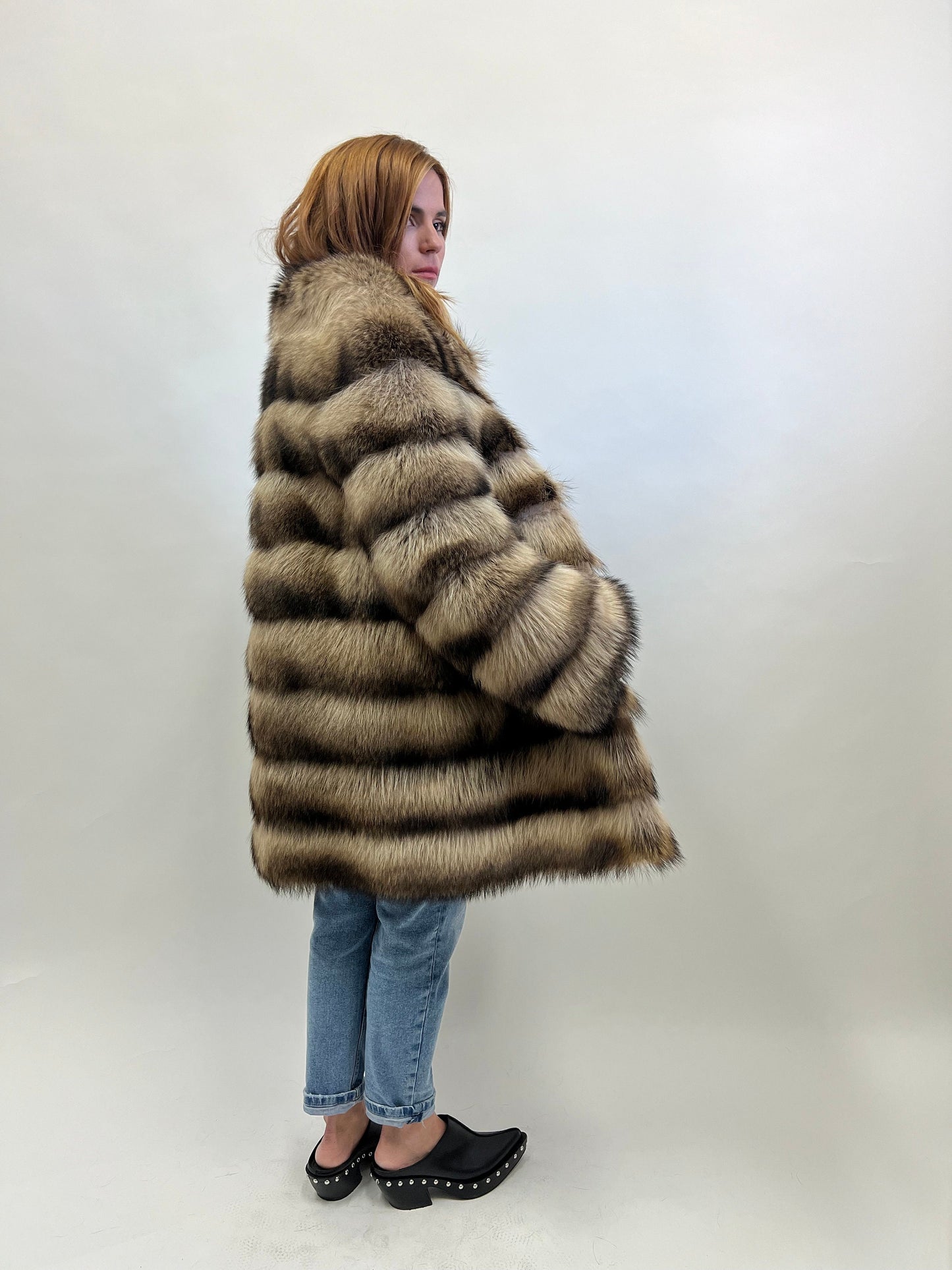 Real Raccoon Fur Coat: Beige Brown Horizontal Sheared Trim size Small.
