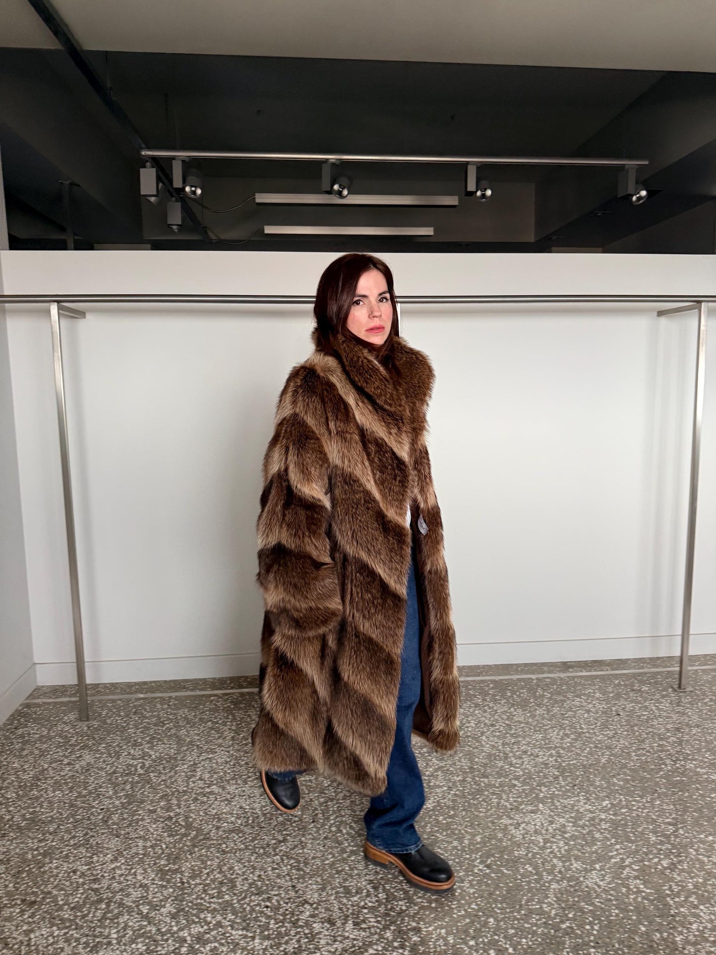 Real Raccoon Fur Coat: Choco Brown extremely warm diagonal fur stroller.