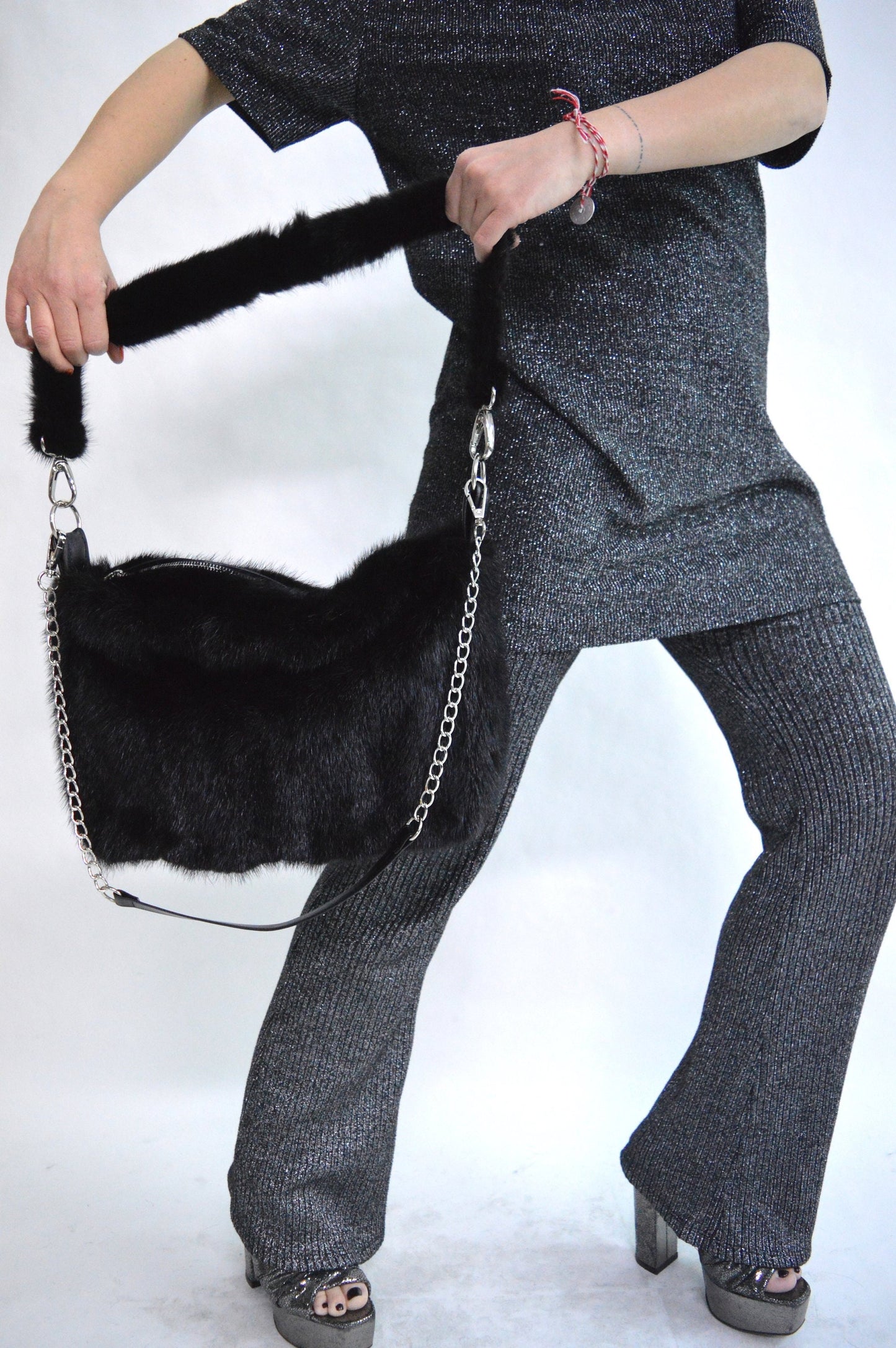Handmade Black Mink Fur Shoulder Bag: Leather & Chain Detail