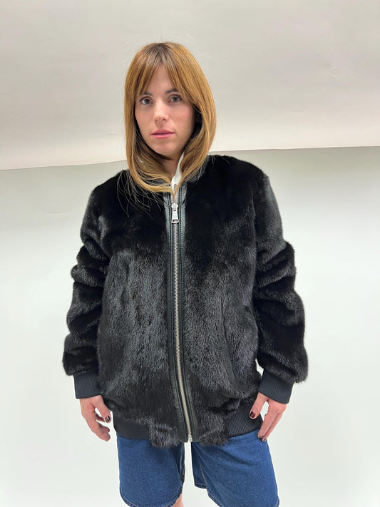 Real Mink Fur Bomber Jacket: Velvet Black, Elastic Hem
