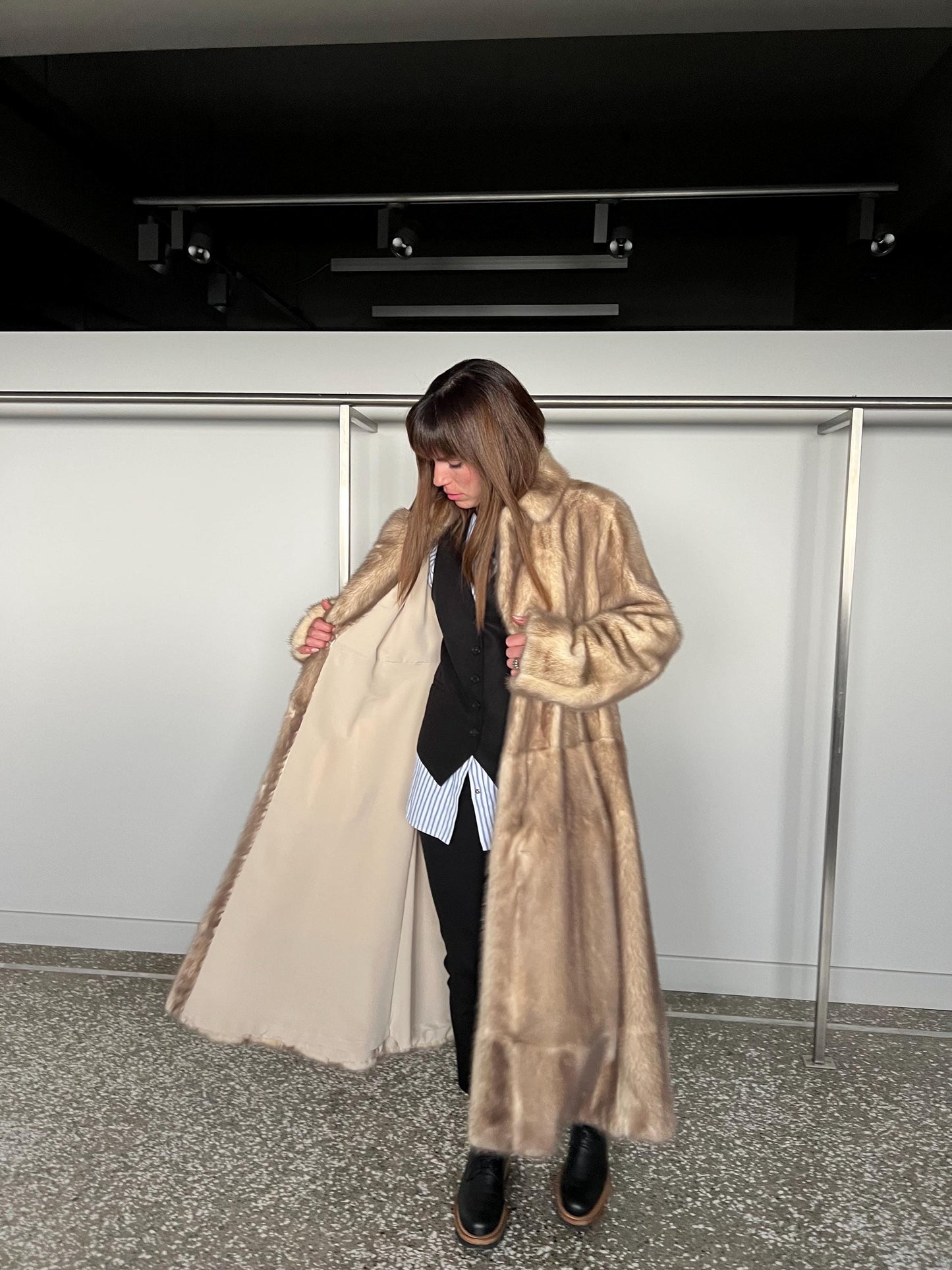 Pearl Mink Fur Stroller: Beige Saga Full Length Luxury Coat